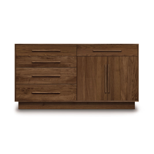 The Copeland Furniture Moduluxe 5-Drawer, 2-Door Dresser - 35" Series is a wooden cabinet with a dark brown finish that features four drawers on the left side and a two-door cabinet on the right. The sleek, horizontal handles on the drawers and vertical handles on the doors add to its simple, modern design within the Moduluxe Bedroom Collection.