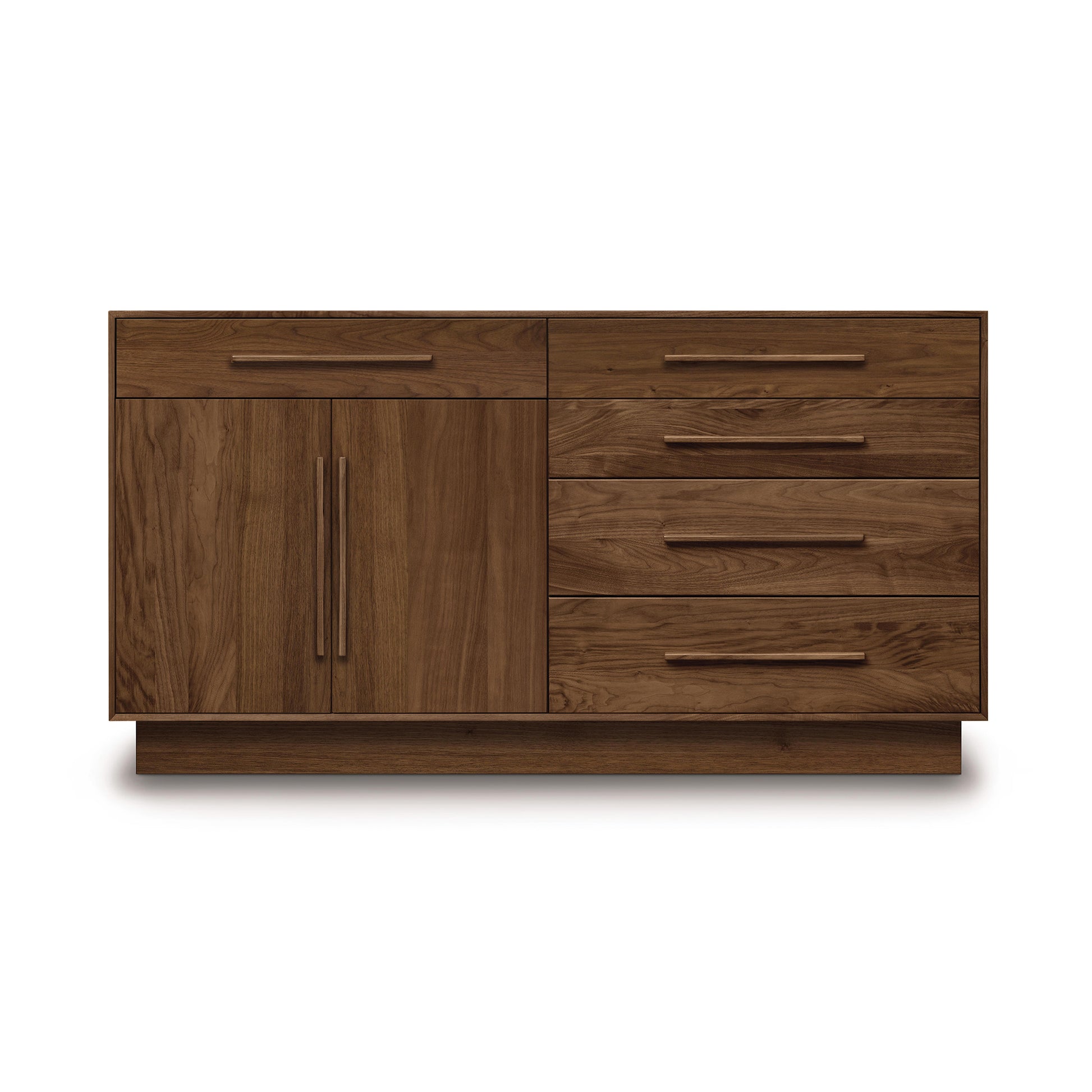 Moduluxe 5-Drawer, 2-Door Dresser by Copeland Furniture showcasing sleek horizontal handles on a cabinet and four spacious drawers.