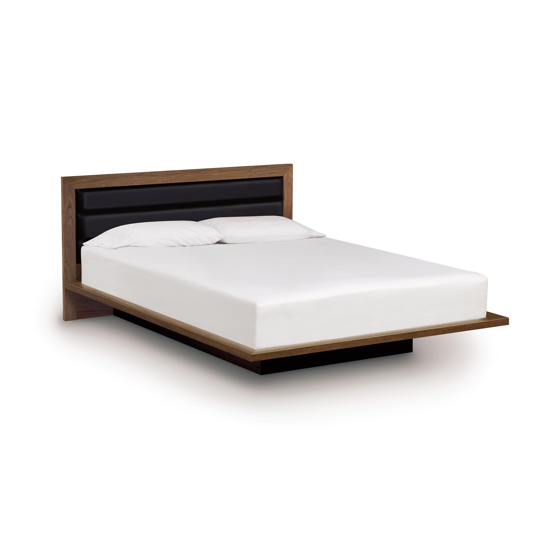 Copeland Furniture Moduluxe Platform Bed with Upholstered Headboard - 35" Series, minimalist design with solid wood frame and sleek black upholstered headboard. White linen bedding and pillows enhance this modern platform bed, ideal for any high-quality American made bedroom furniture collection.