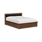 Alt text: Copeland Furniture Moduluxe Storage Bed with Upholstered Headboard - 35" Series in medium brown wood finish, featuring black upholstered headboard and white mattress. Includes two storage drawers at the base, crafted to eco-friendly standards. Modern design in high-quality solid wood construction.