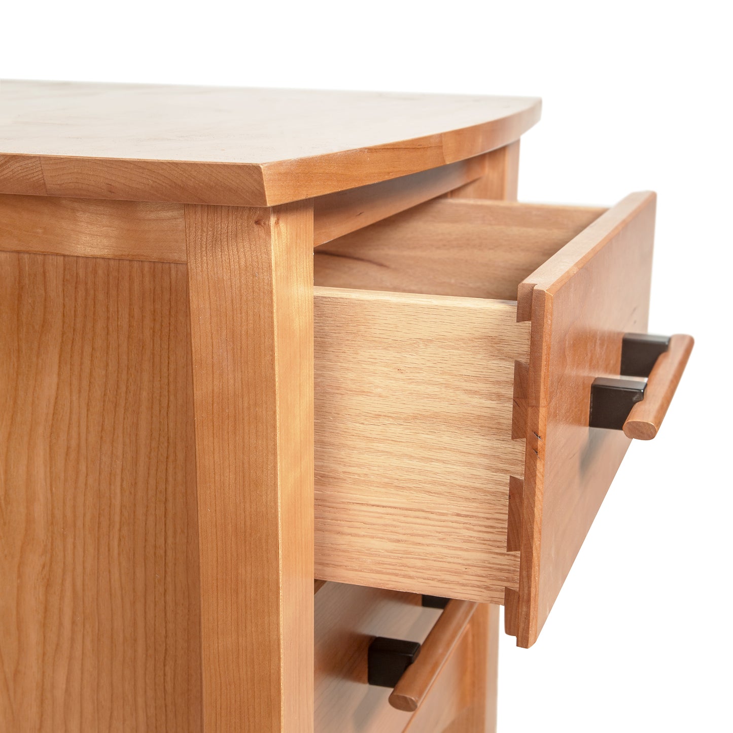 Copeland Monterey 2-Drawer Nightstand in solid wood featuring dovetail joinery and metal handles, drawer shown open for detail.