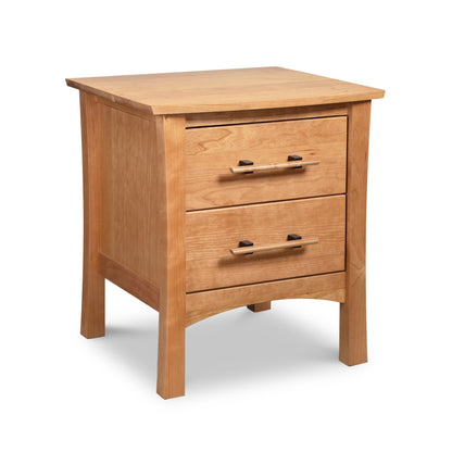 Copeland Furniture Monterey 2-Drawer Nightstand crafted from solid wood with metal handles, highlighting its premium construction and design.