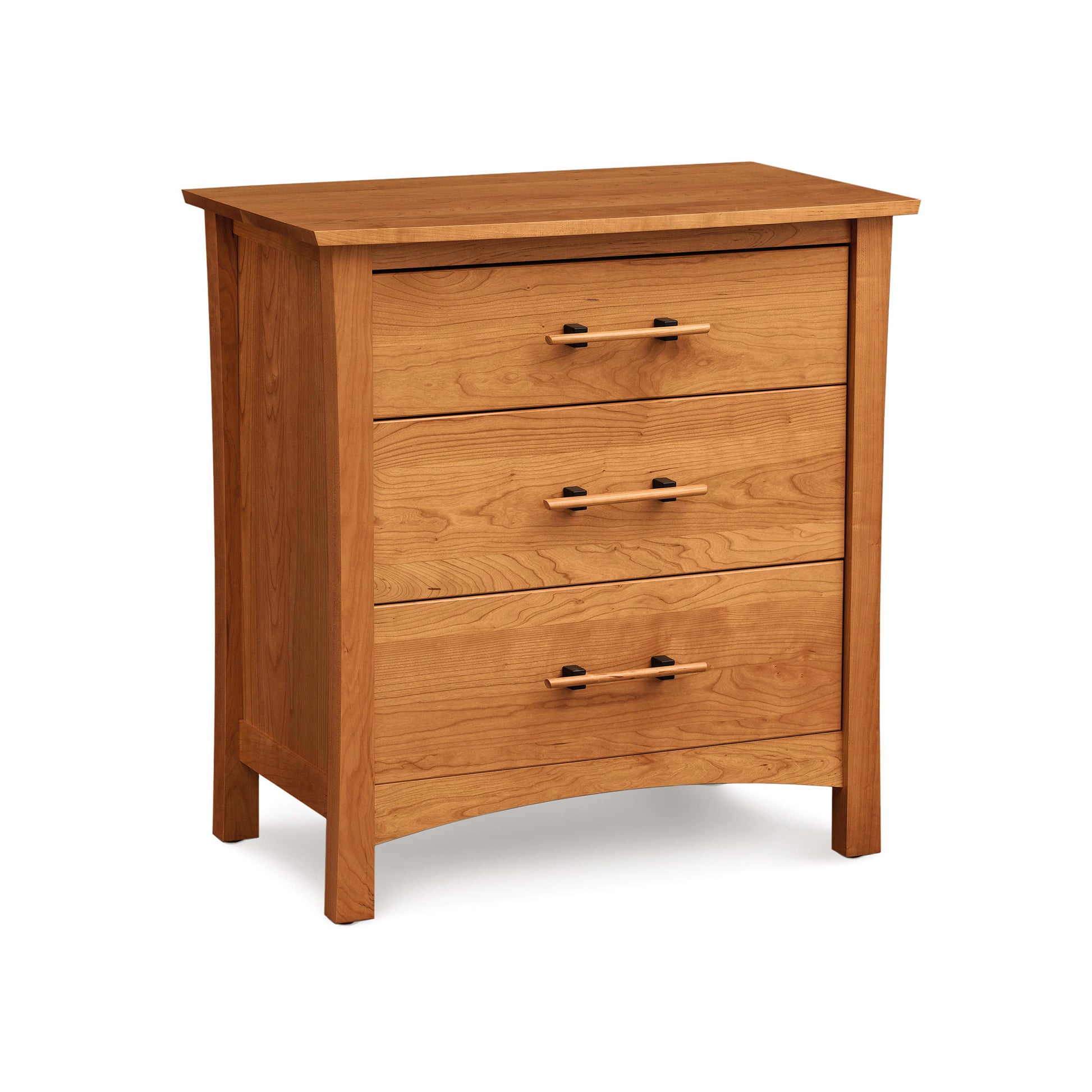 A cherry wood Copeland Furniture Monterey 3-Drawer Chest isolated on a white background.