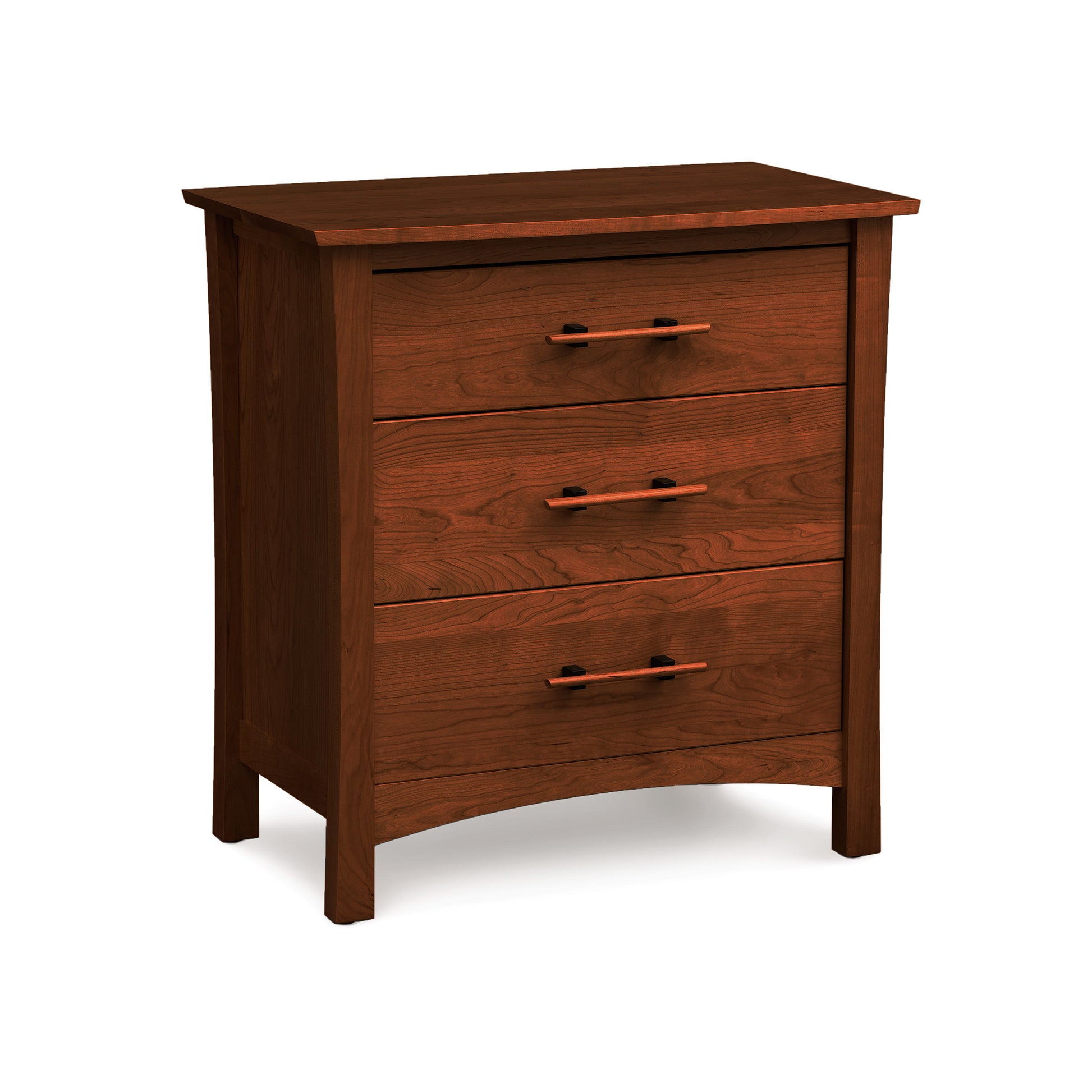 A luxurious Copeland Furniture Monterey 3-Drawer Chest made of cherry wood with three drawers, showcased on a white background.