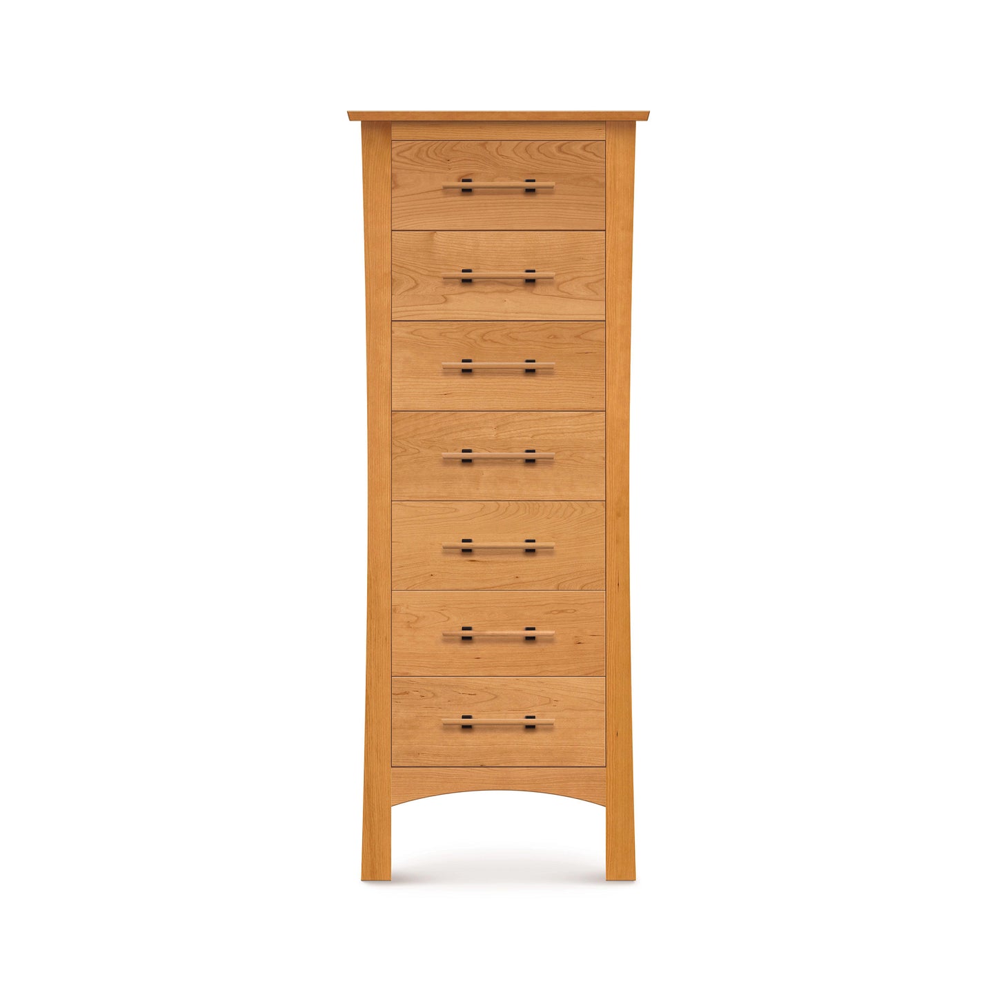 A tall, narrow cherry wood Monterey 7-Drawer Lingerie Chest from Copeland Furniture, featuring simple knobs and a curved bottom edge, stands against a white background.