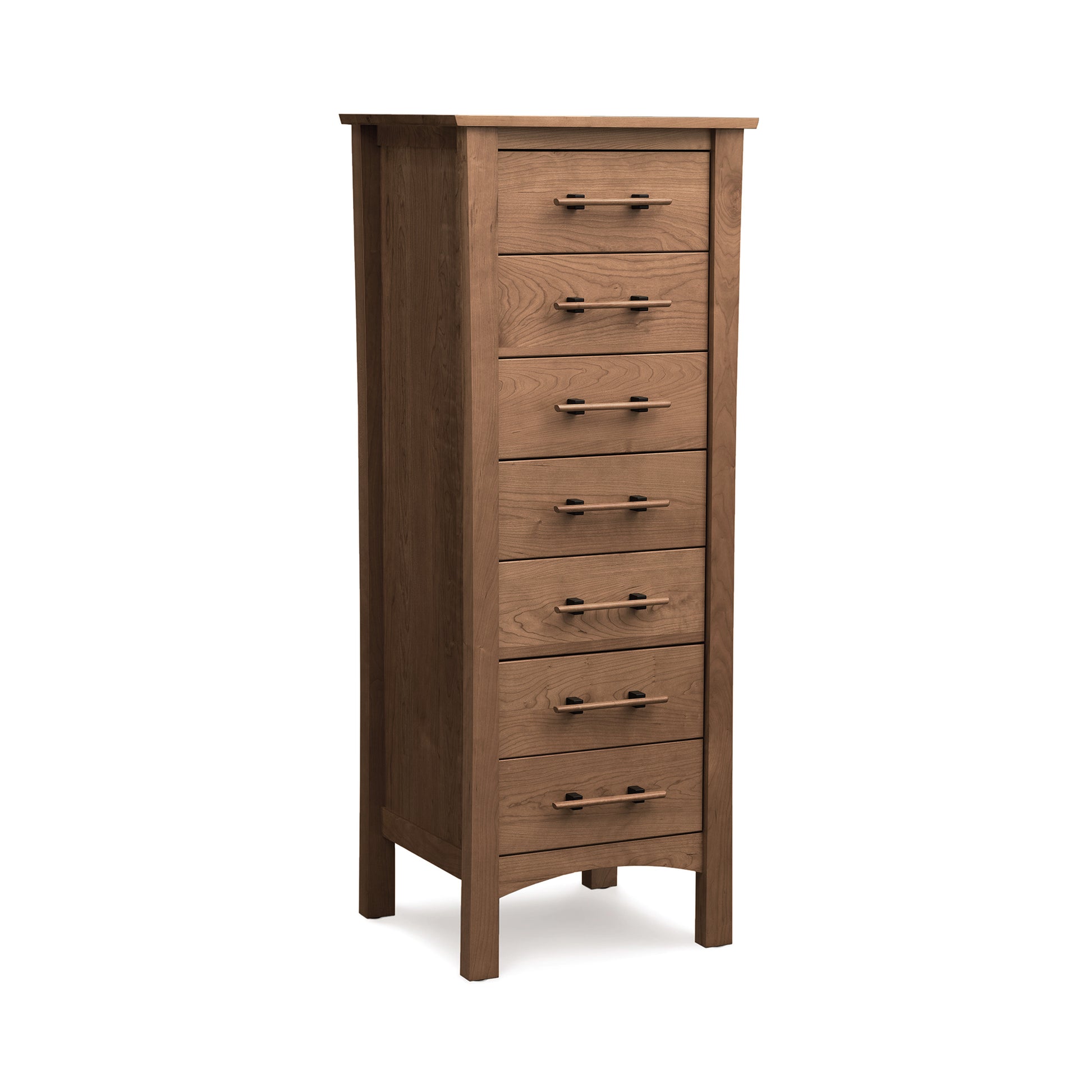 A tall eco-friendly Copeland Furniture Monterey 7-Drawer Lingerie Chest with six evenly spaced pull-out drawers, positioned against a white background from the Copeland Furniture Collection.