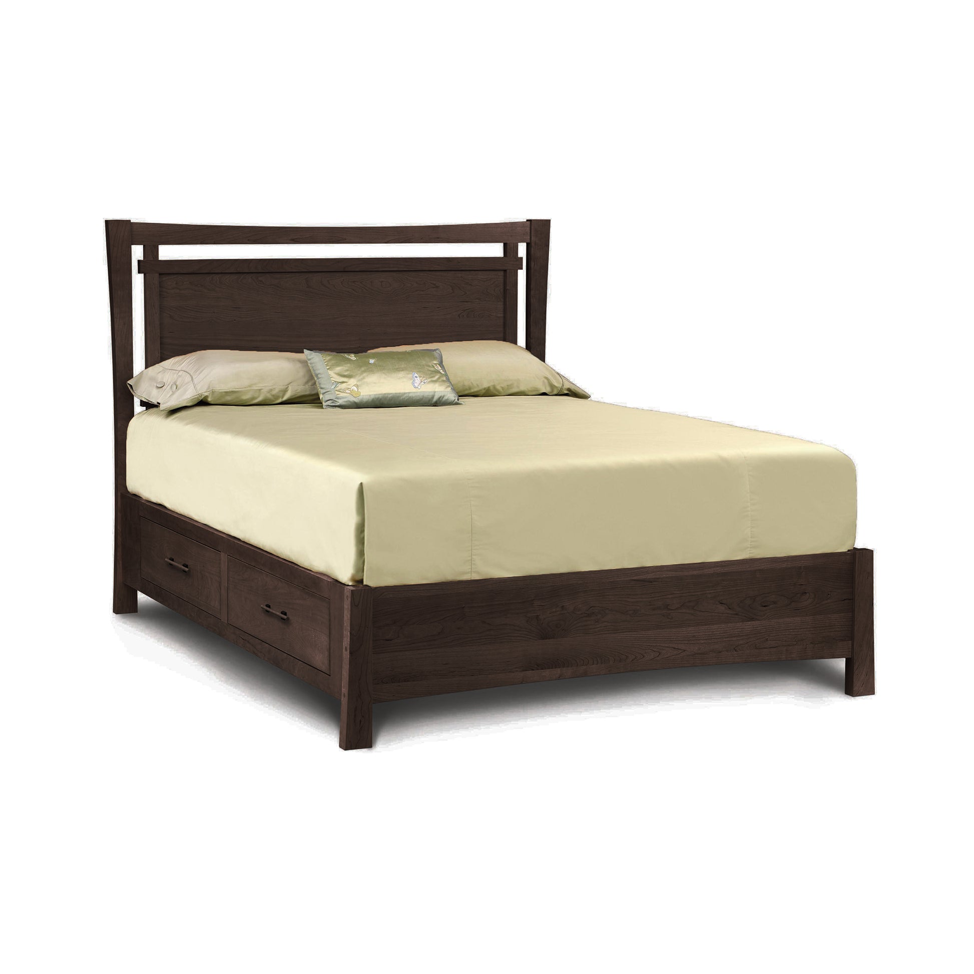 The Copeland Furniture Monterey Storage Bed is a stylish and functional piece of furniture that features a beautiful wooden headboard and footboard. Made from high-quality cherry wood, this bed offers both aesthetic appeal and durability.