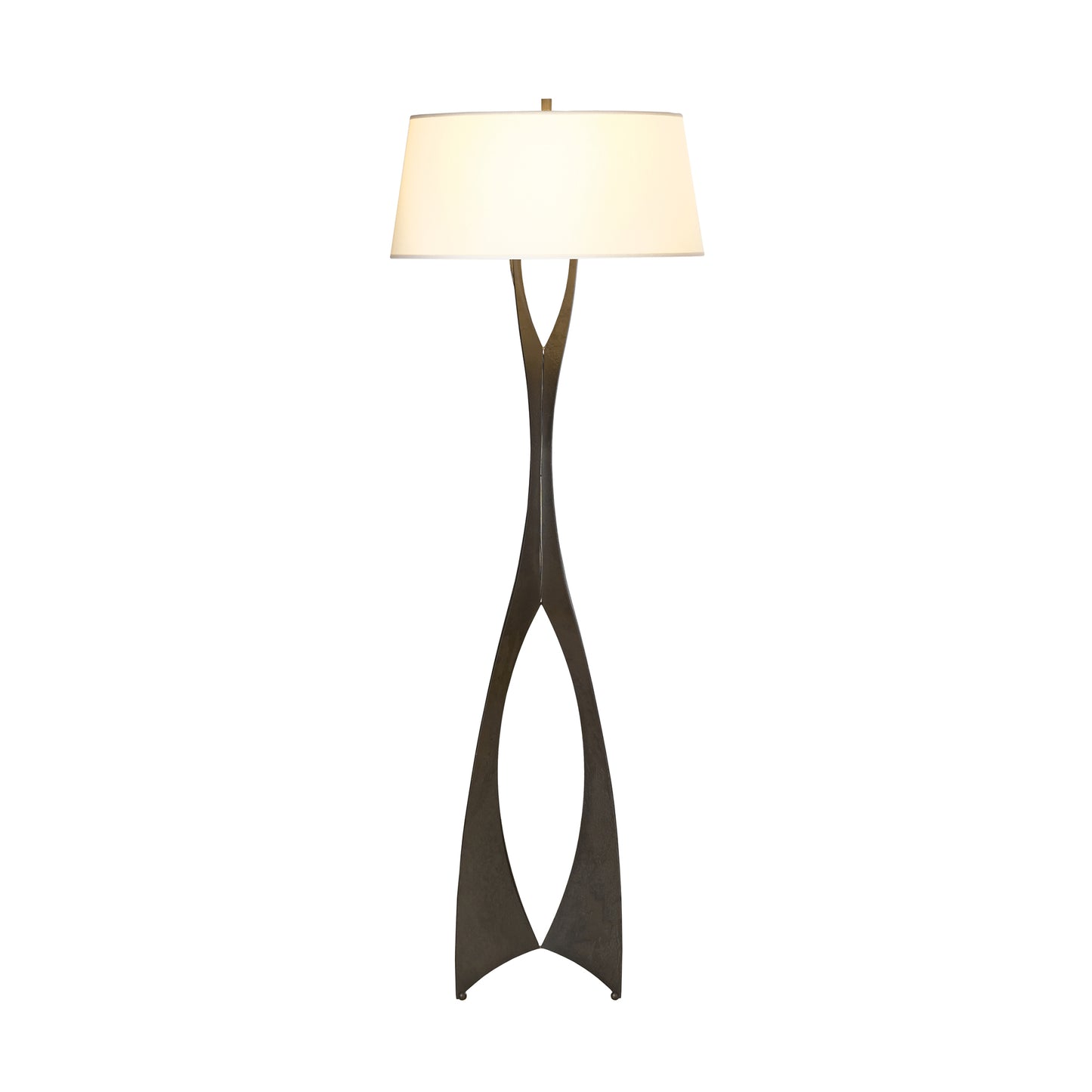 A Hubbardton Forge Moreau Floor Lamp with a metal base and a white shade.