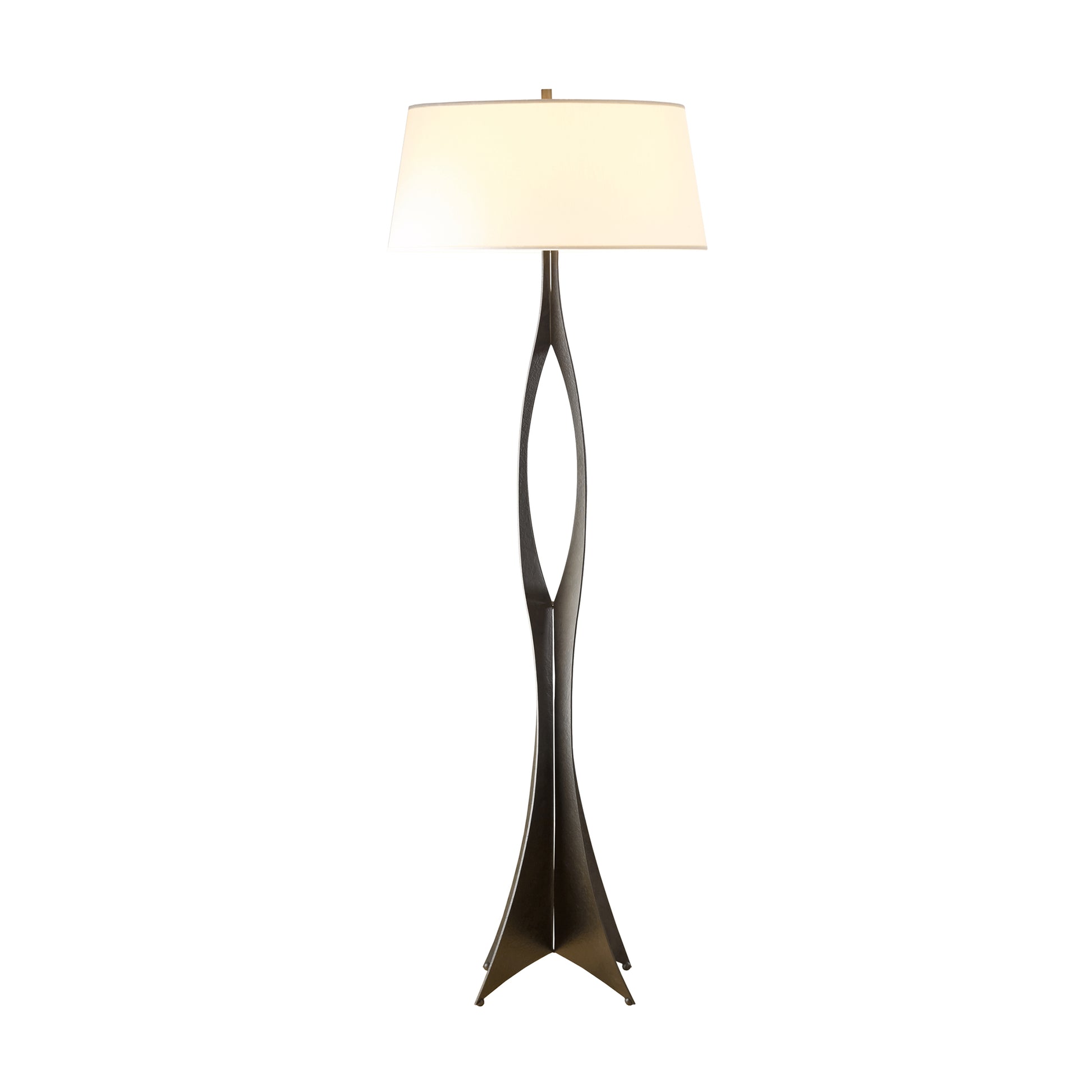 A Hubbardton Forge Moreau Floor Lamp with a metal base and a white shade.