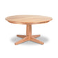 An eco-friendly Natural Vermont Single Pedestal Round Solid Top Table made of natural wood, featuring four sturdy legs, set against a clean white background, by Lyndon Furniture.