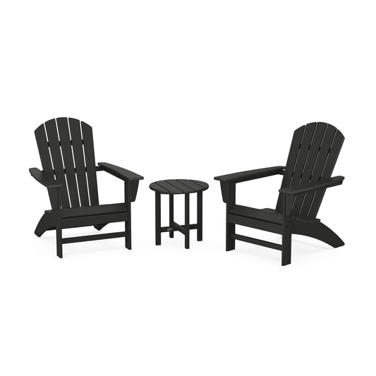 Two black POLYWOOD Nautical 3-Piece Adirondack Sets with a small round table between them, isolated on a white background. The furniture setup suggests a relaxed outdoor seating arrangement.