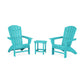 Two bright turquoise POLYWOOD® Nautical 3-Piece Curveback Adirondack Sets facing each other, with a small matching side table in between, all set against a plain white background.