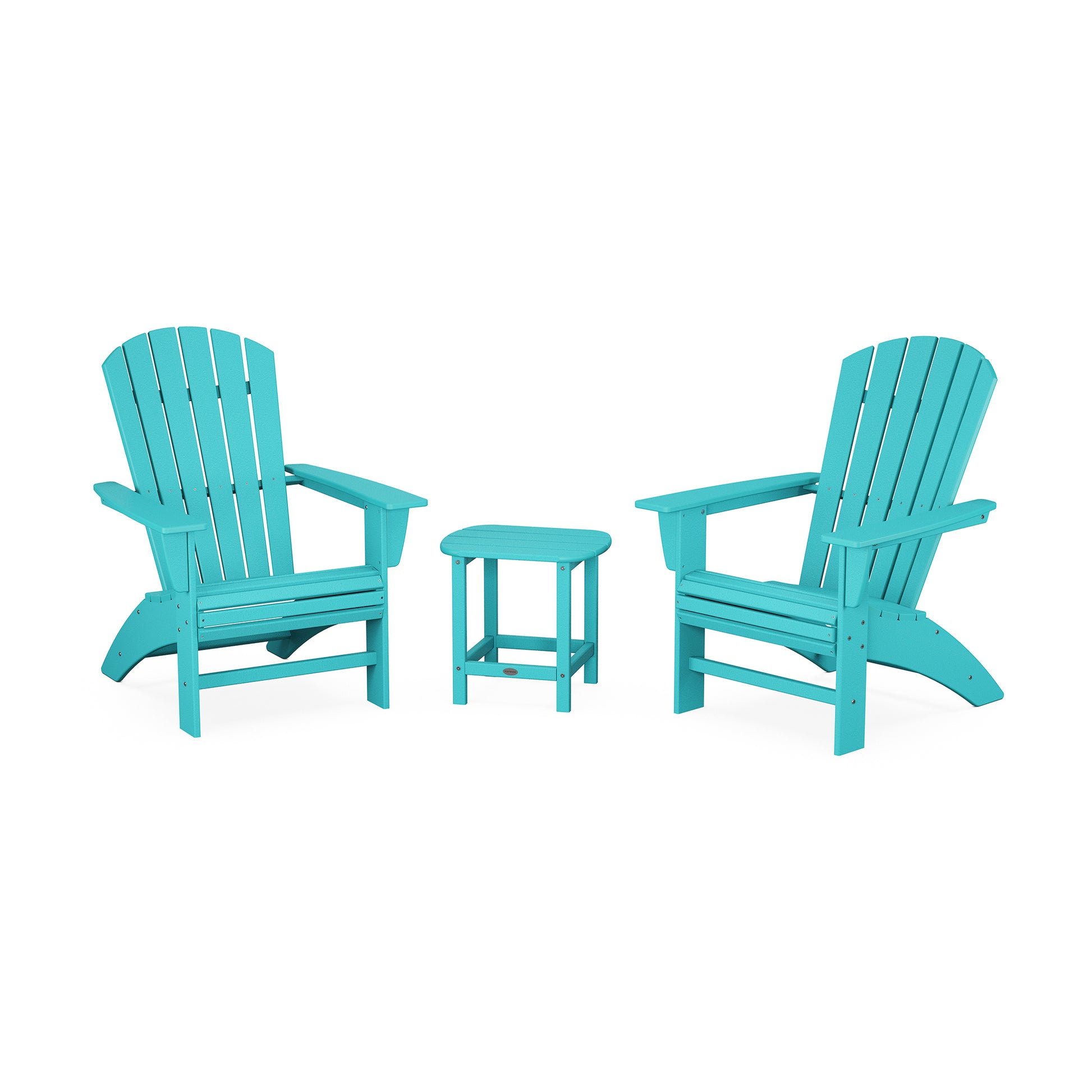 Two bright turquoise POLYWOOD® Nautical 3-Piece Curveback Adirondack Sets facing each other, with a small matching side table in between, all set against a plain white background.