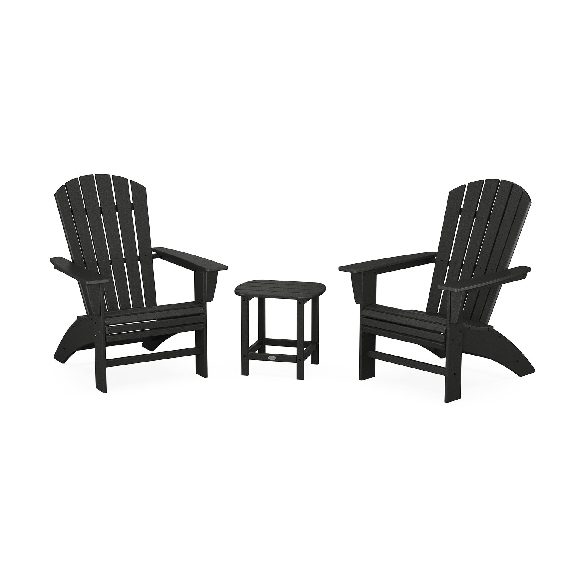 Two black POLYWOOD Nautical 3-Piece Curveback Adirondack Sets with a matching small side table, set on a plain white background. The chairs are designed with vertical slats and wide armrests.