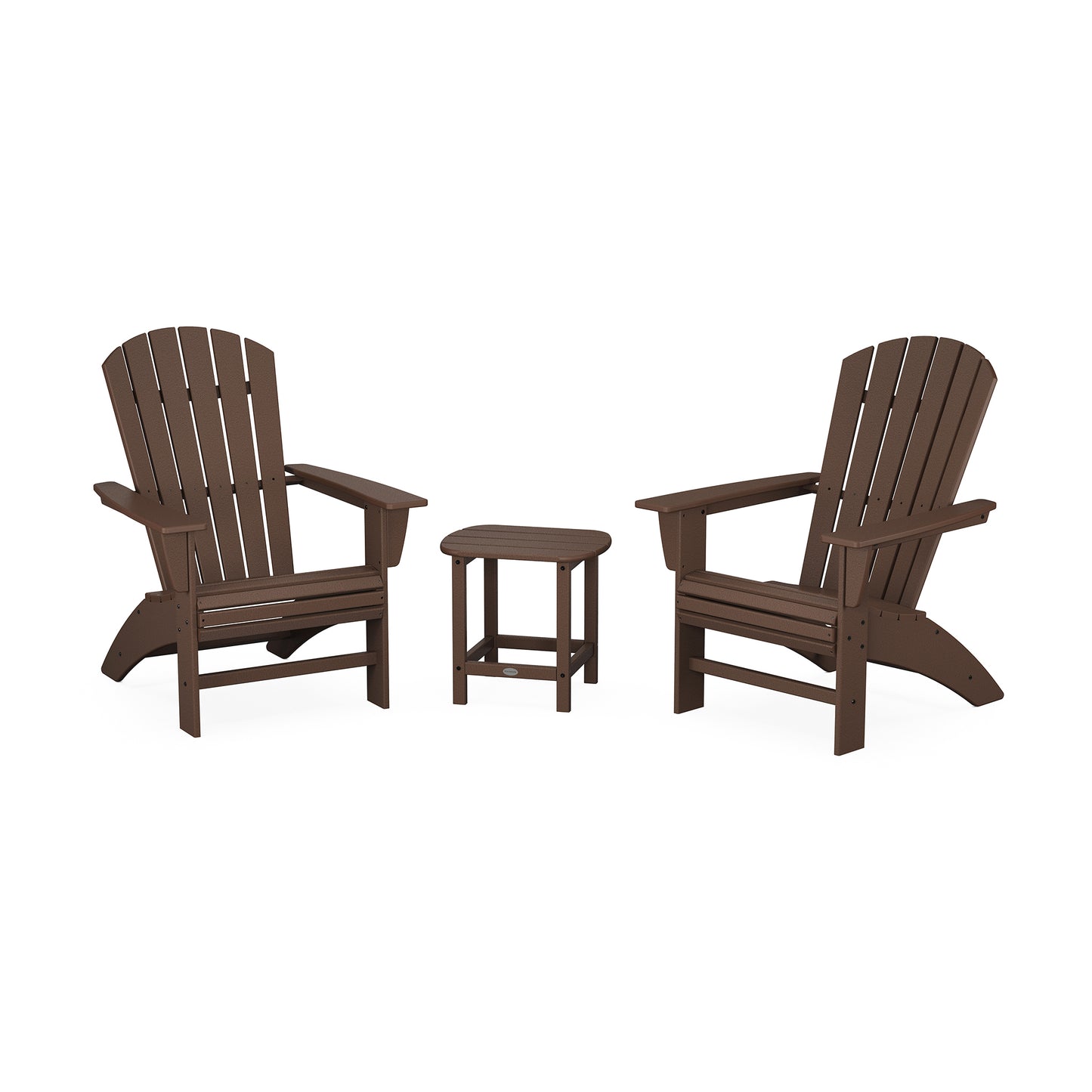 Two brown POLYWOOD Nautical Curveback Adirondack chairs with a matching small side table, arranged on a plain white background.
