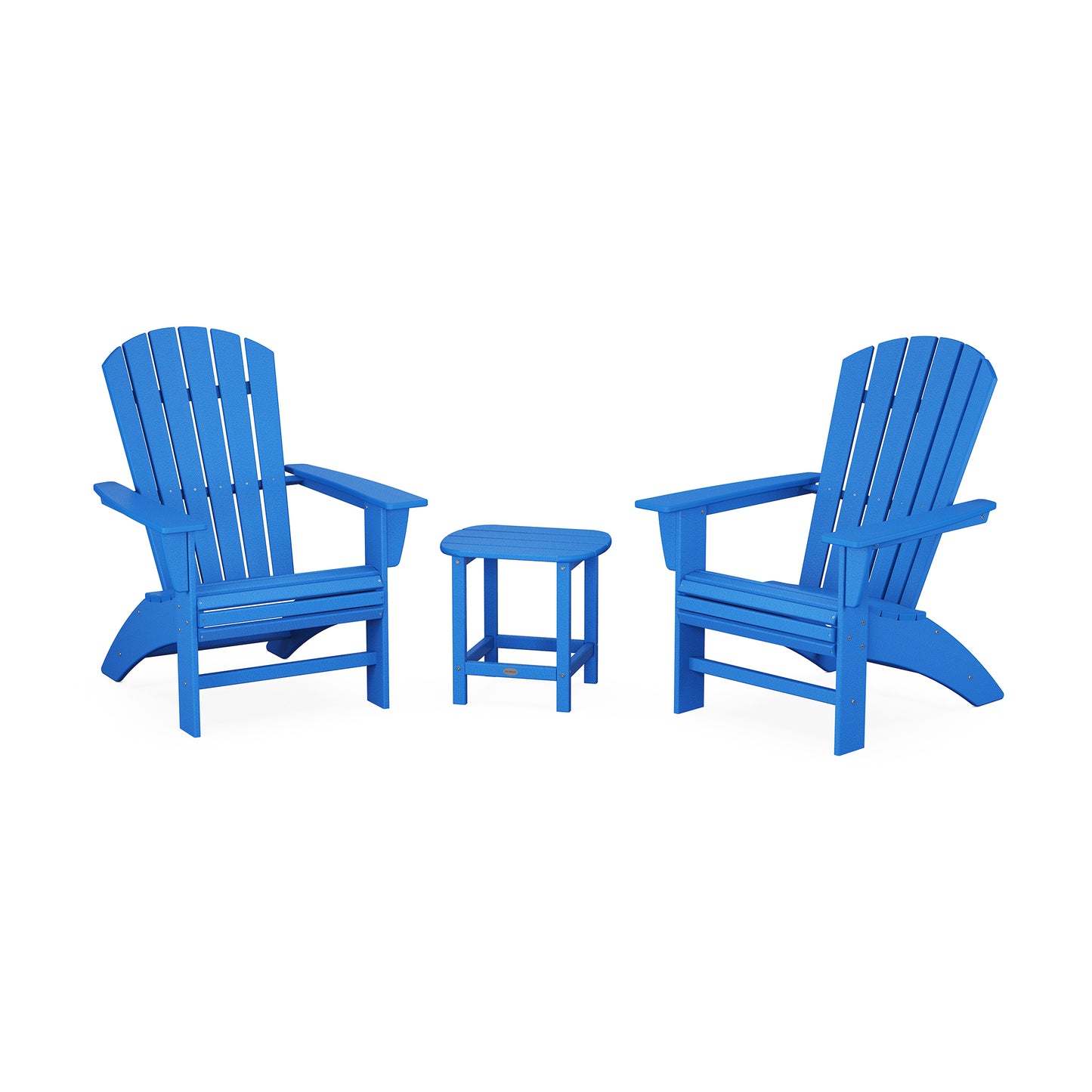 Two blue POLYWOOD Nautical 3-Piece Curveback Adirondack Sets with a matching small side table, set against a plain white background.