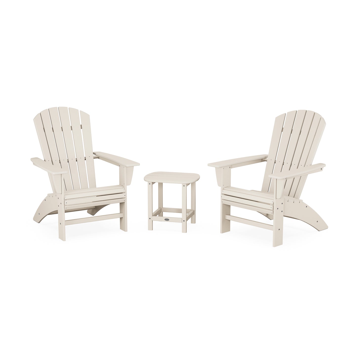 Two POLYWOOD Nautical 3-Piece Curveback Adirondack Sets and a small matching side table on a plain white background. The chairs are arranged facing slightly towards each other.