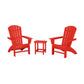 Two red POLYWOOD Nautical 3-Piece Curveback Adirondack Sets with a matching small side table set against a white background.