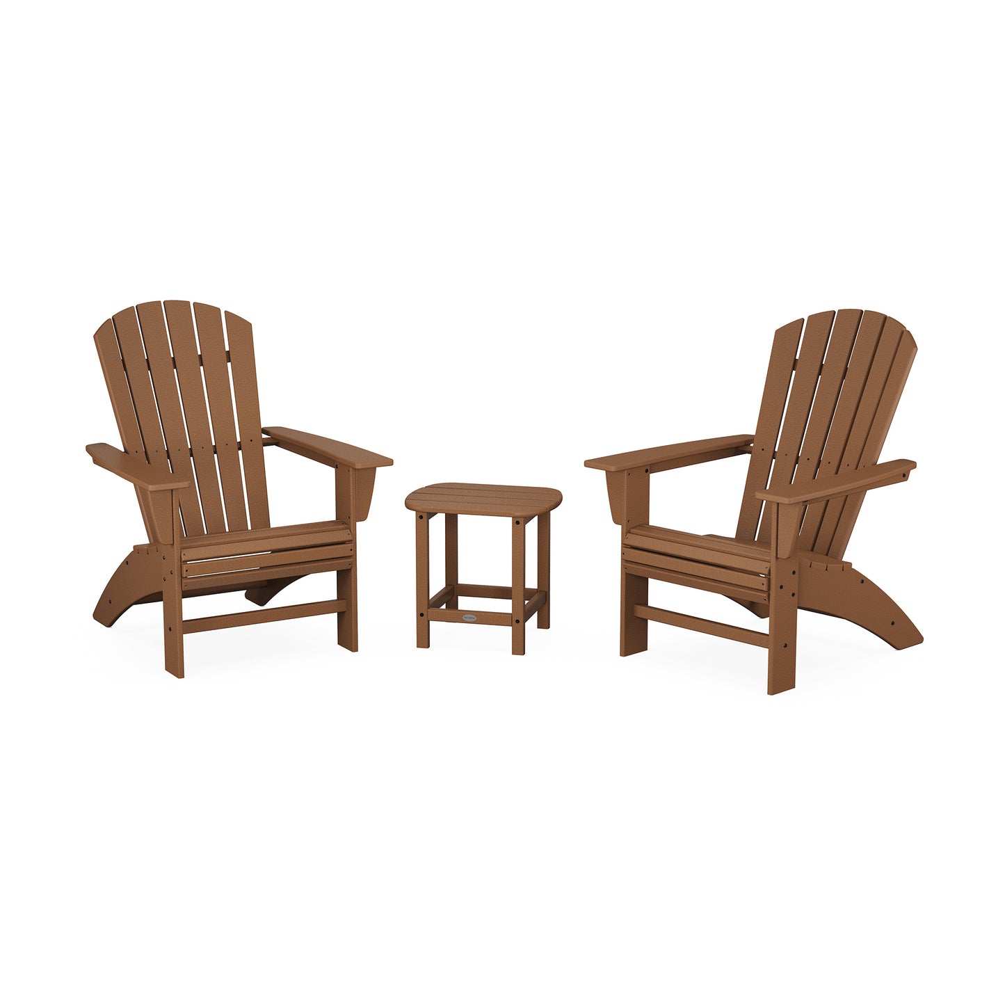 Two brown POLYWOOD Nautical 3-Piece Curveback Adirondack chairs with a matching small side table on a plain white background. The chairs are wooden with a slatted design.