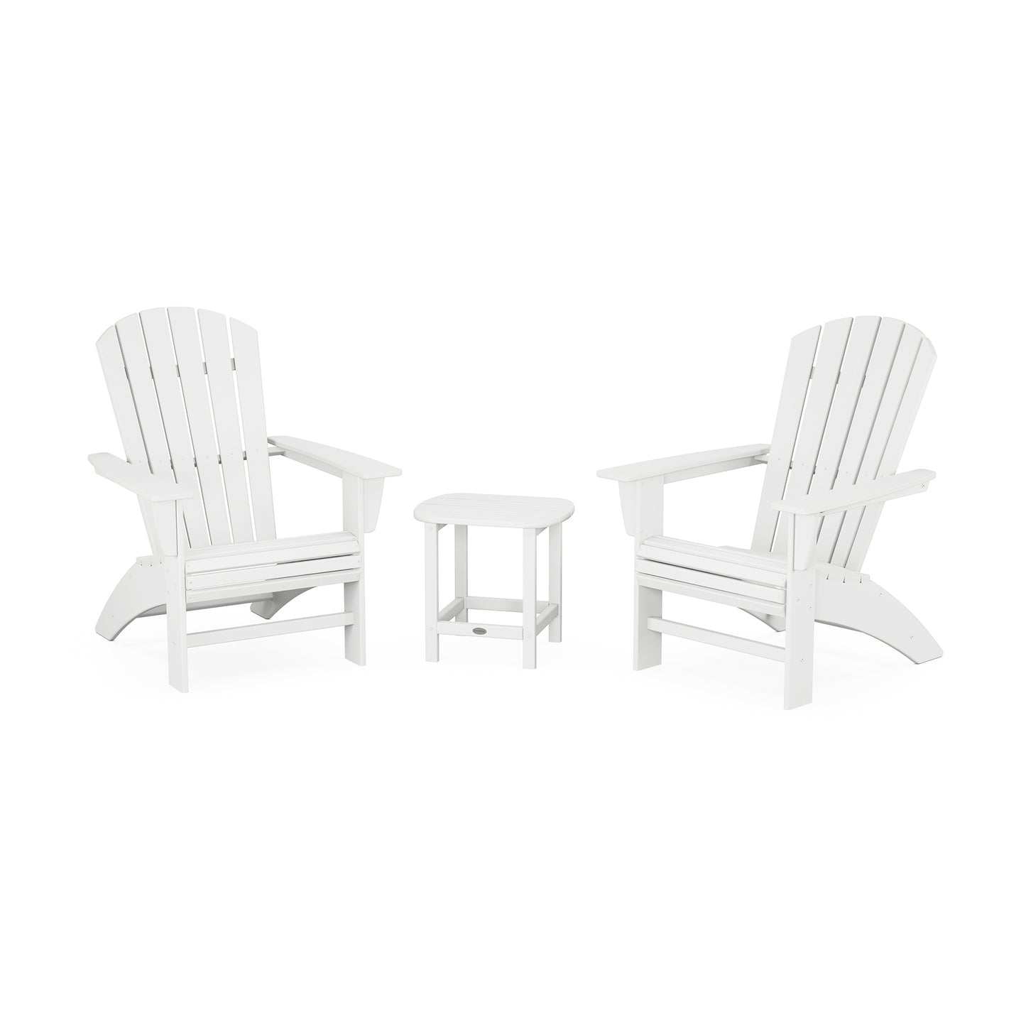 Two white POLYWOOD® Nautical 3-Piece Curveback Adirondack sets facing each other with a small matching table in between, set against a plain white background.