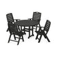 A black POLYWOOD® Nautical 5-Piece Dining Set comprising one round table and four folding chairs on a white background. The chairs feature vertical slat backs.