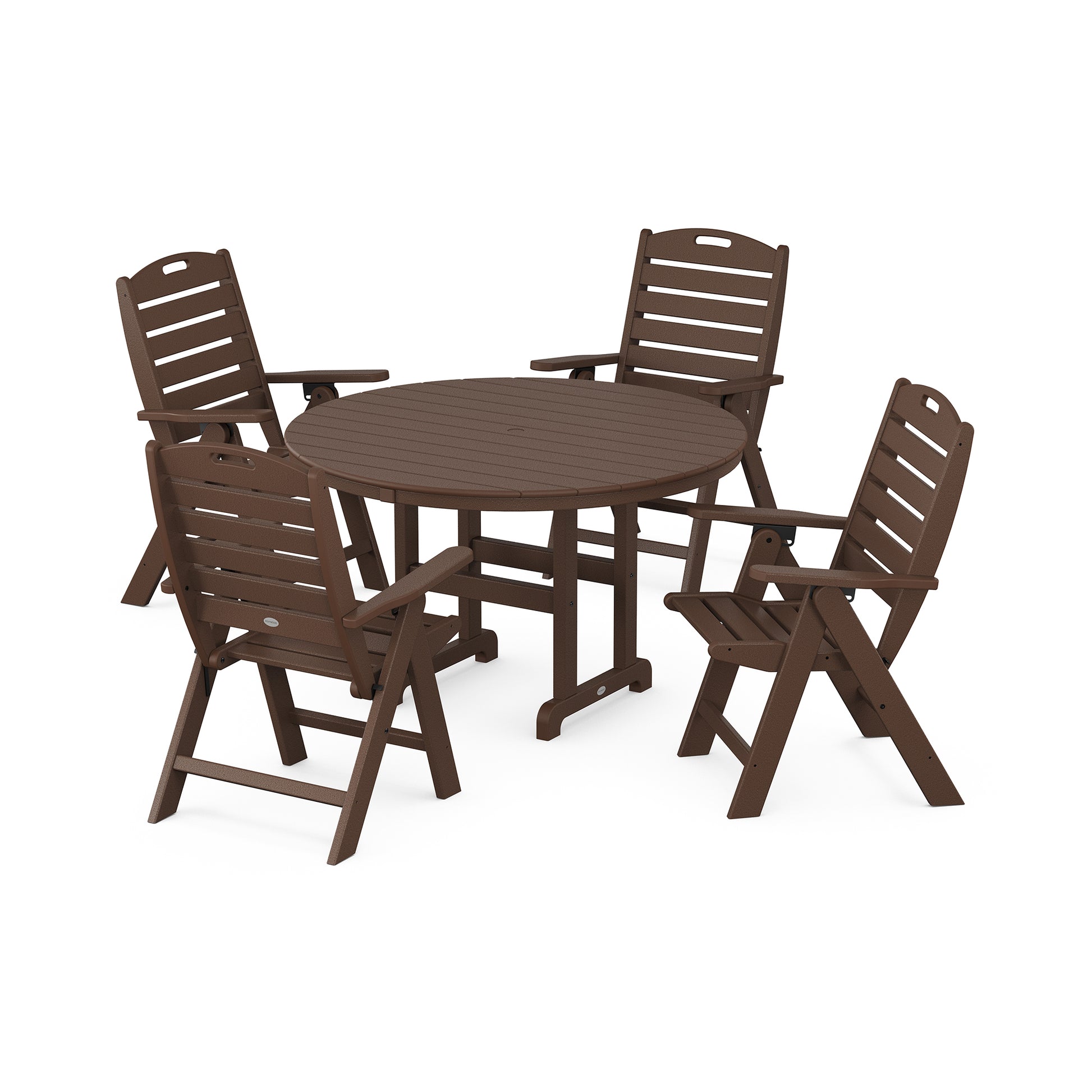A POLYWOOD® Nautical 5-Piece Dining Set with one round table and four folding chairs, all made of plastic, showcased on a plain white background.