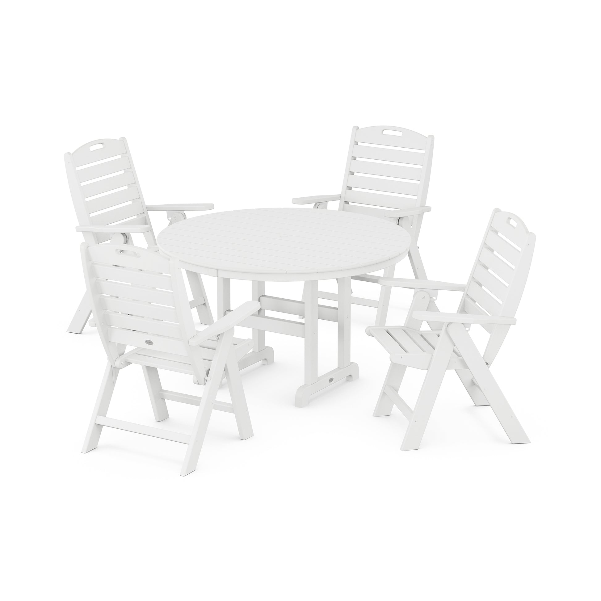 A white, circular POLYWOOD® Nautical 5-Piece Dining Set with four foldable chairs arranged around it, displayed on a plain white background.