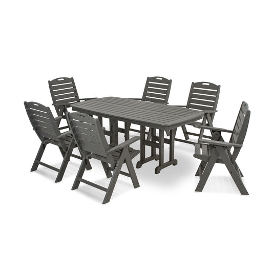 A modern outdoor dining set consisting of a POLYWOOD Nautical 7-Piece Dining Set, all made of synthetic materials, displayed on a white background.