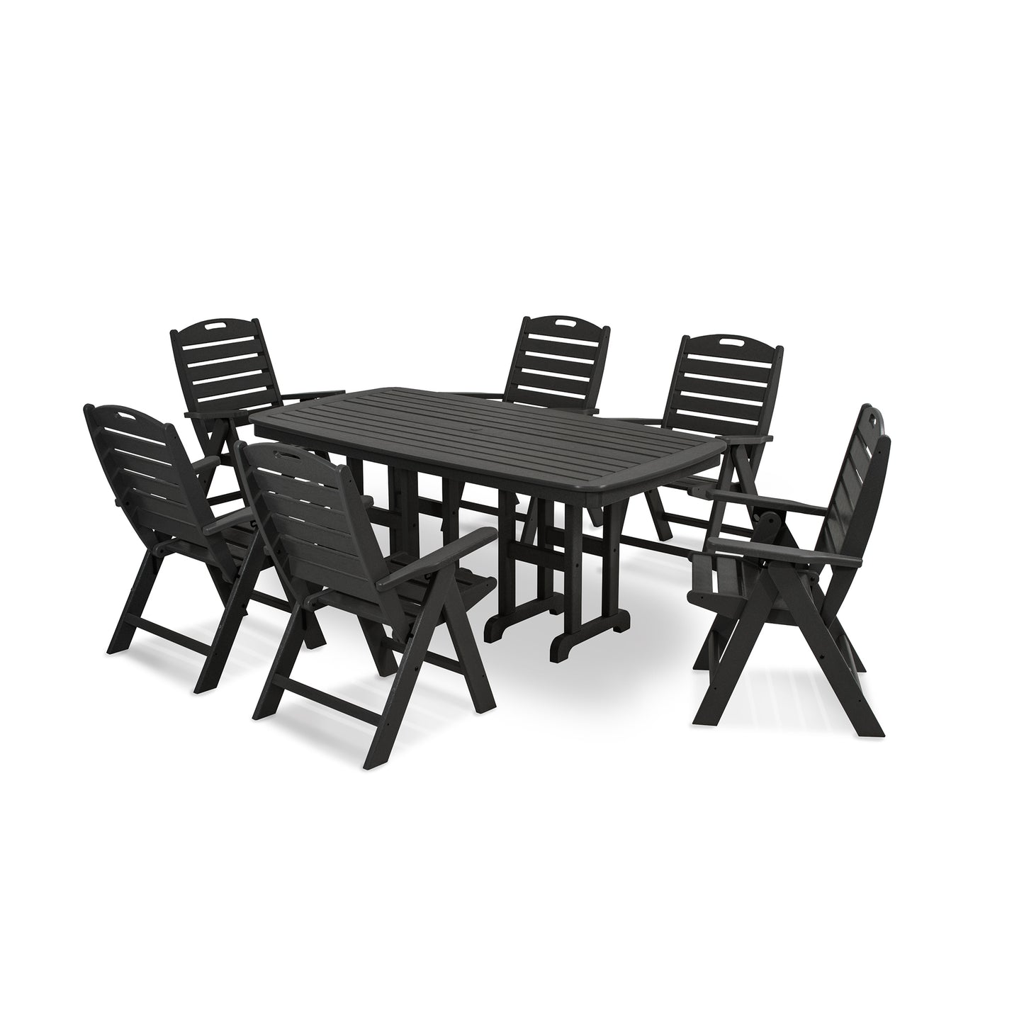 A modern outdoor dining set including a rectangular black table and six matching chairs, all made of durable POLYWOOD® Nautical 7-Piece Dining Set, arranged on a white background.