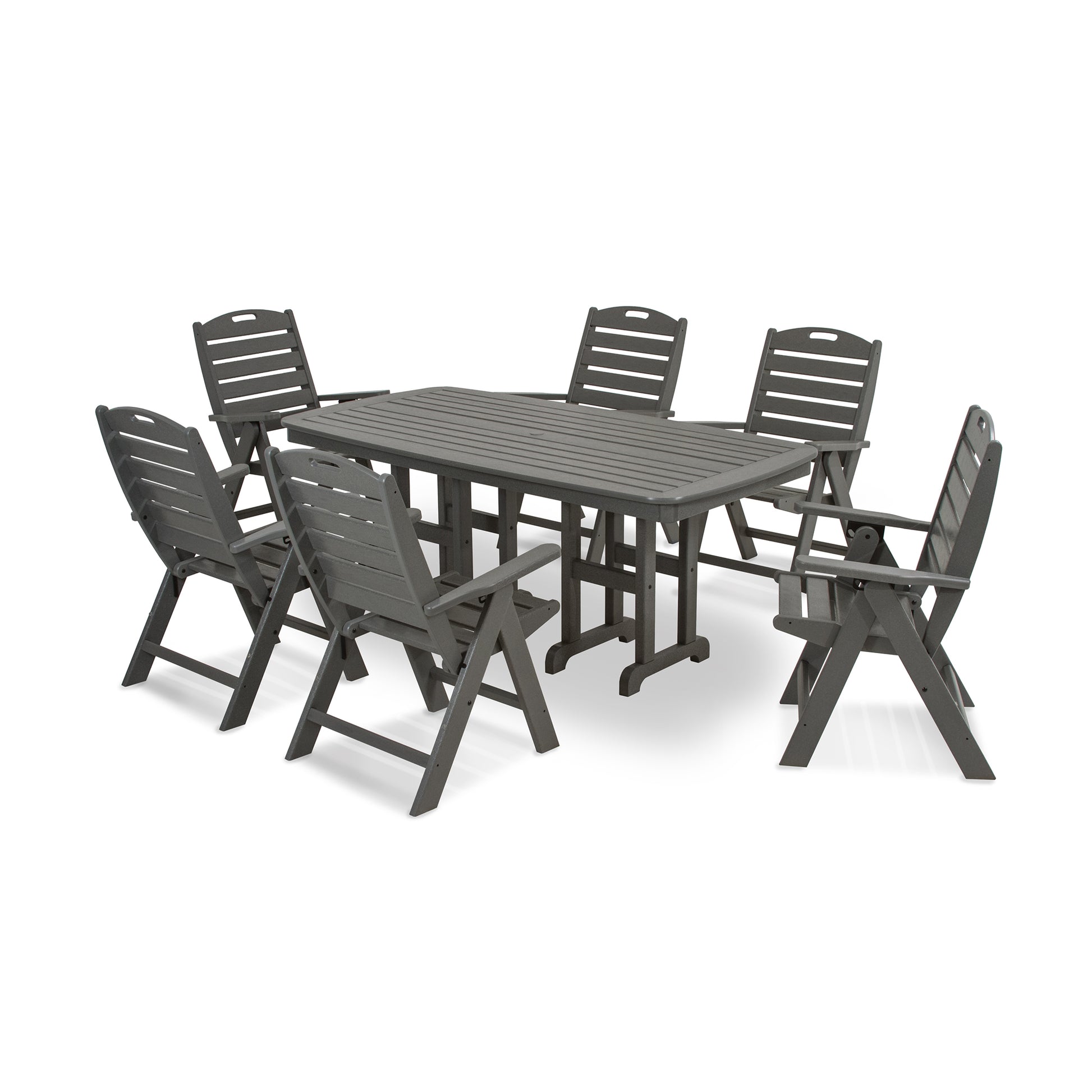 A gray POLYWOOD Nautical 7-Piece Dining Set consisting of a rectangular table and six chairs, positioned on a white background. The furniture displays a clean and modern design.