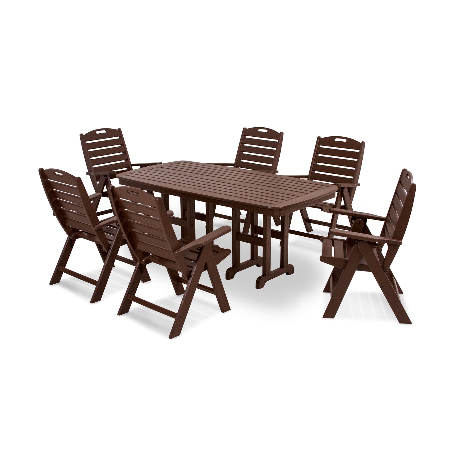 A dark brown POLYWOOD® Nautical 7-Piece Dining Set consisting of a rectangular table and six chairs with vertical slat backs, arranged on a white background.