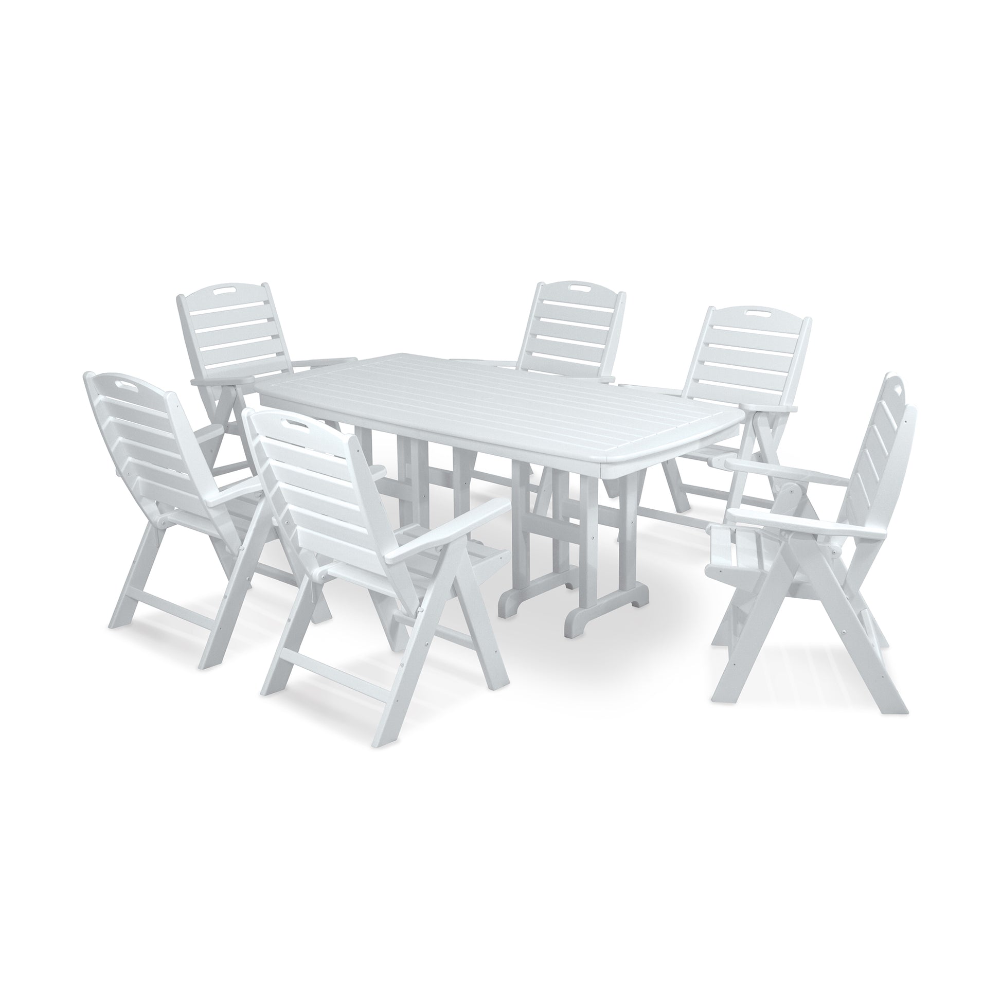 A POLYWOOD® Nautical 7-Piece Dining Set, with six chairs arranged neatly around a rectangular table, all set against a plain white background. The chairs and table appear made of durable POLYWOOD®.