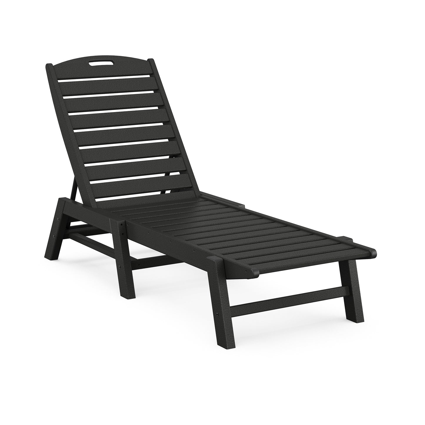 A black POLYWOOD Nautical Armless Chaise Lounge made of eco-friendly recycled plastic, featuring a slatted design and adjustable backrest, isolated on a white background.