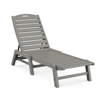 A single adjustable gray POLYWOOD Nautical Armless Chaise Lounge made of eco-friendly recycled plastic, featuring a slatted design and a built-in handle at the top for easy mobility. The chair is in a reclined position.