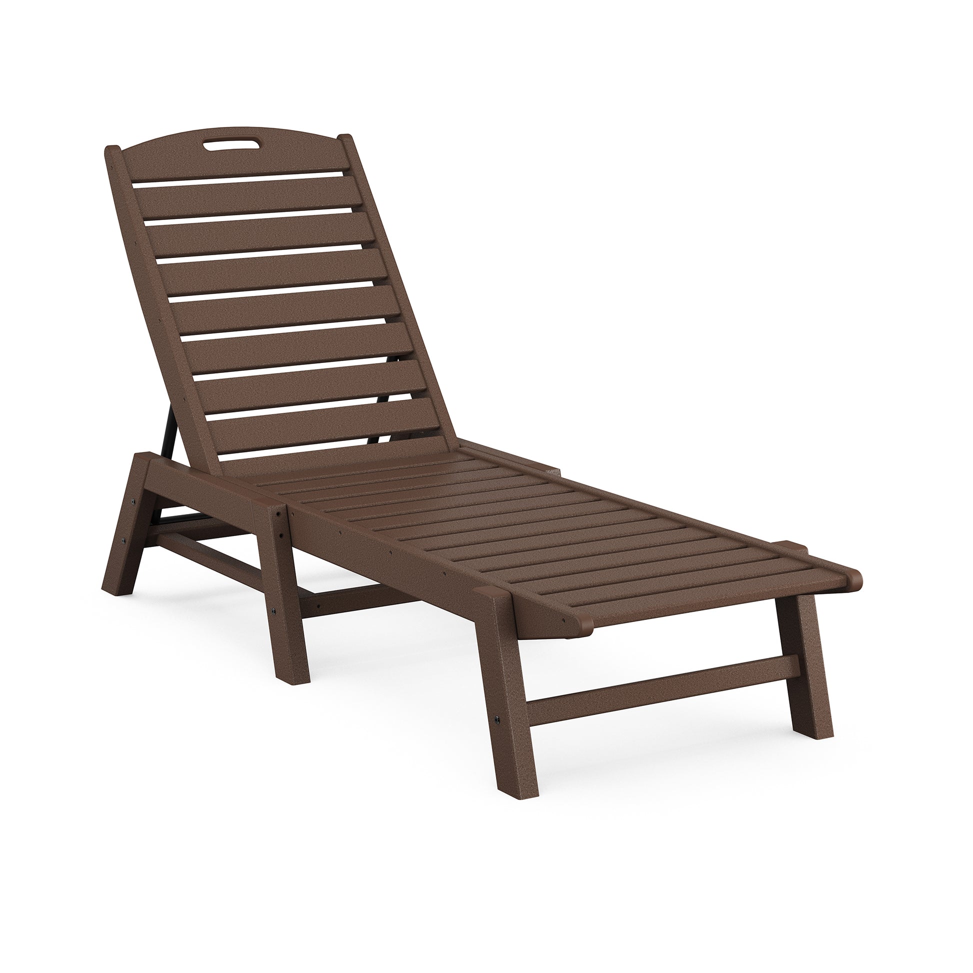 A brown POLYWOOD Nautical Armless Chaise Lounge isolated on a white background, featuring a slatted design and a cut-out handle at the top for easy handling.