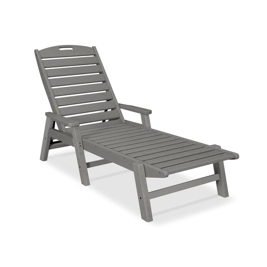 A gray POLYWOOD® Nautical Chaise with Arms made of slatted plastic, designed in a reclining style, isolated on a white background.