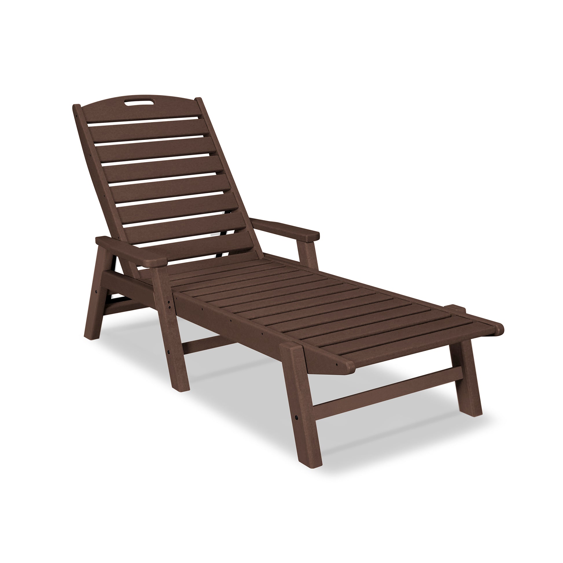 A brown POLYWOOD® Nautical Chaise with Arms on a white background, positioned at an angle showing both the profile and the top view. The chair is adjustable, with