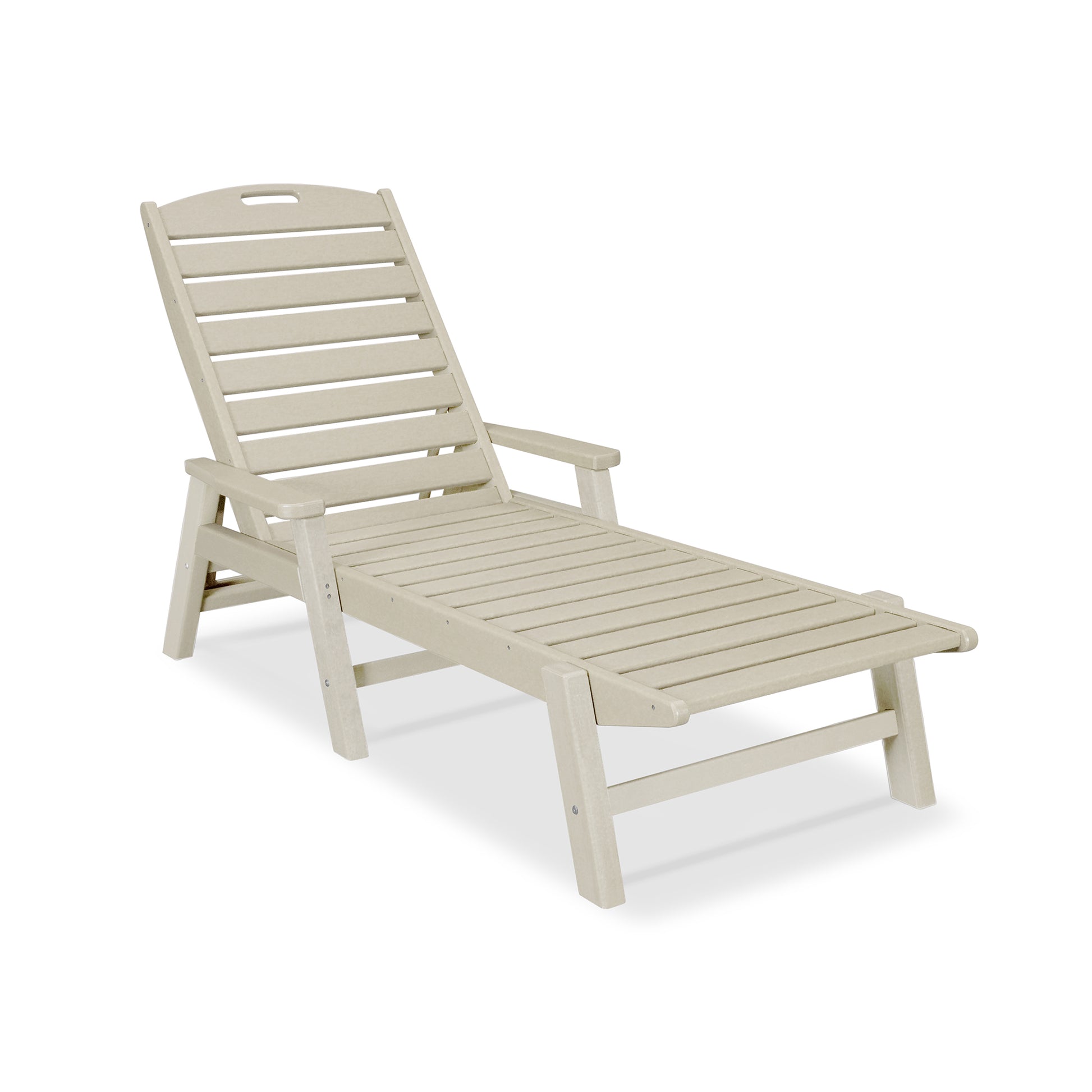 A single beige adjustable outdoor lounge chair made of POLYWOOD® Nautical Chaise with Arms, featuring a slatted design, displayed against a white background.