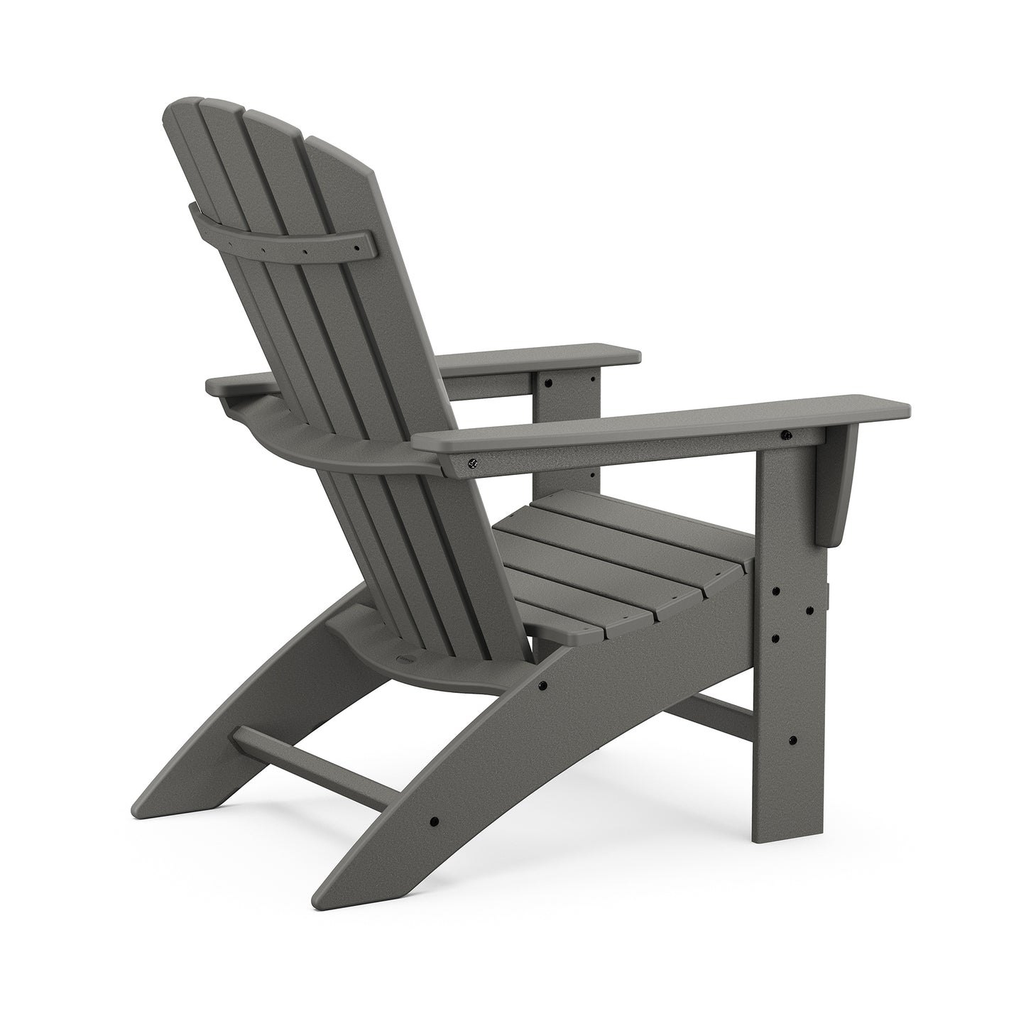 A gray POLYWOOD Nautical Curveback Adirondack Chair made of synthetic materials, featuring a slatted design with wide armrests, positioned on a plain white background.