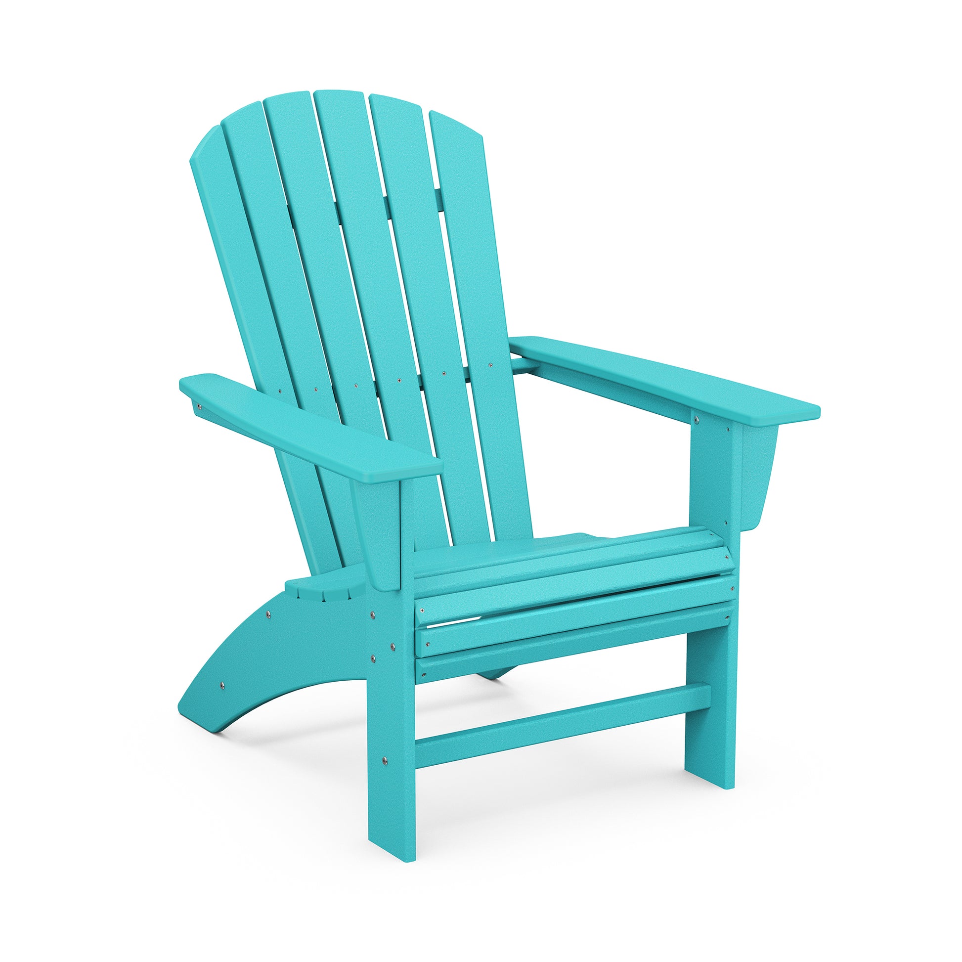 A vibrant turquoise POLYWOOD Nautical Curveback Adirondack Chair isolated on a white background, featuring a slatted design and wide armrests.