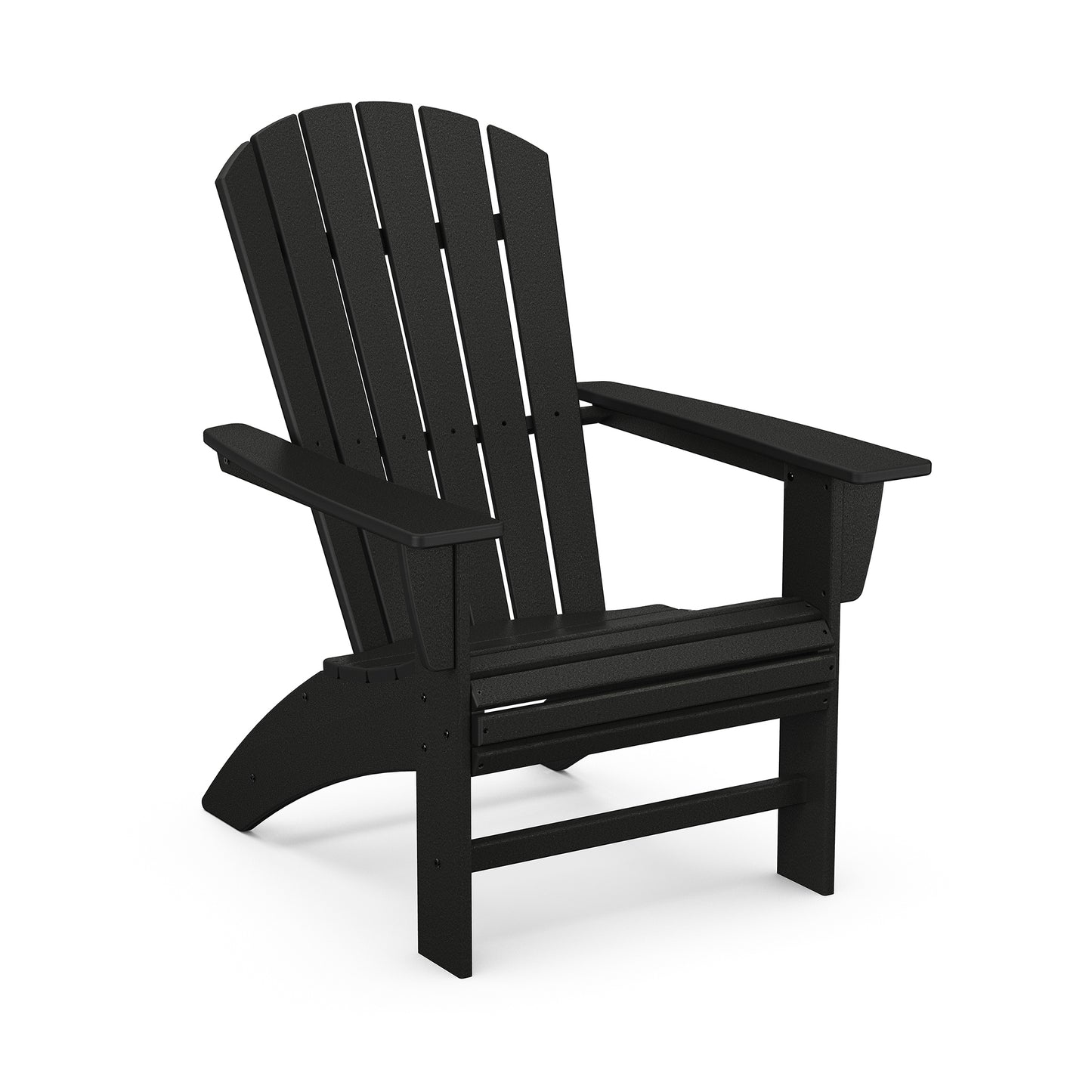 A black eco-friendly POLYWOOD Nautical Curveback Adirondack chair made of POLYWOOD® lumber, featuring a slatted back and seat with wide armrests, displayed against a plain white background.