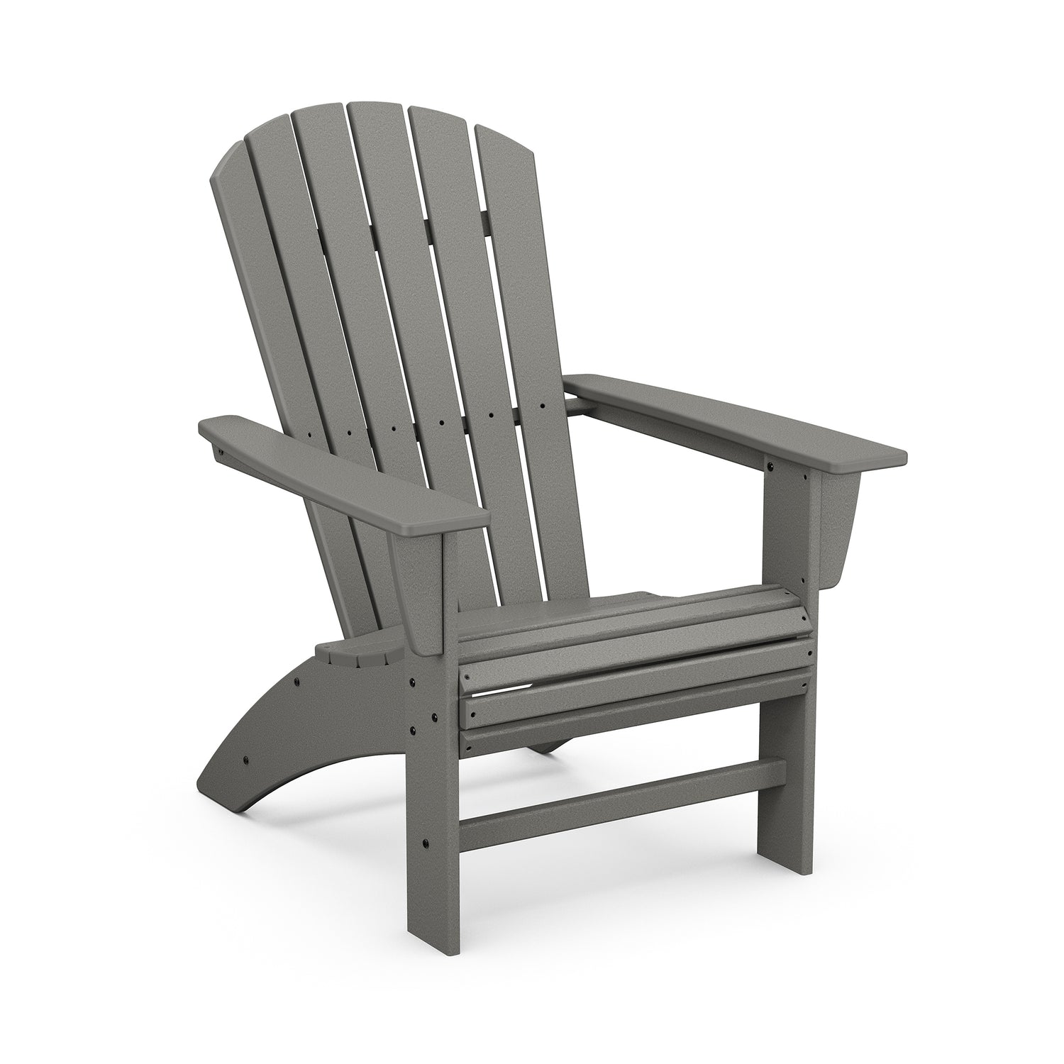 Eco-friendly gray POLYWOOD Nautical Curveback Adirondack Chair with a slatted back and wide armrests designed for outdoor relaxation.