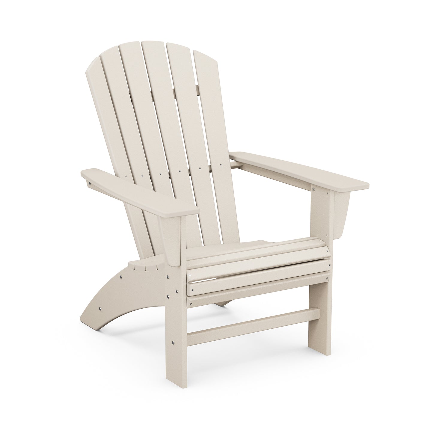 A beige eco-friendly POLYWOOD Nautical Curveback Adirondack chair made of POLYWOOD® lumber, featuring a slatted design with a tall back and wide armrests, isolated on a white background.