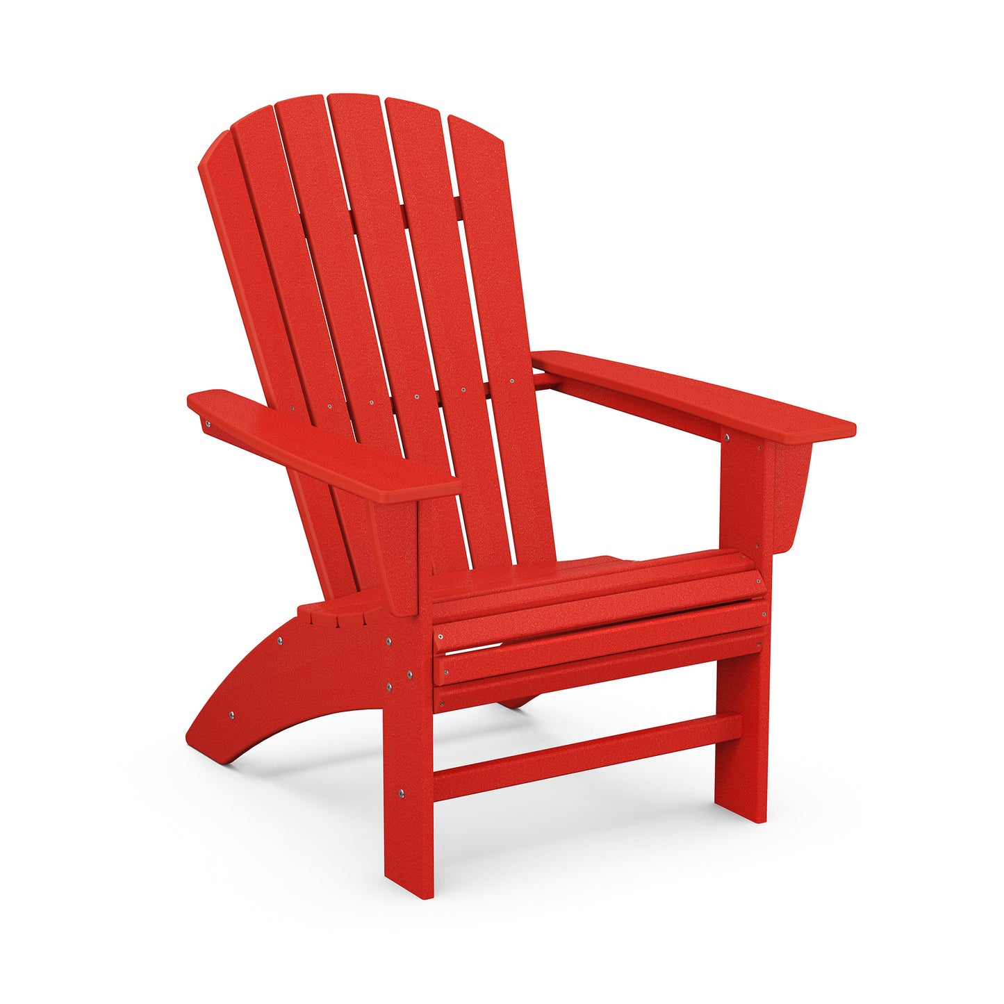 A vibrant red, eco-friendly POLYWOOD Nautical Curveback Adirondack chair made of POLYWOOD® lumber, featuring a slatted design with wide armrests, set against a plain white background.
