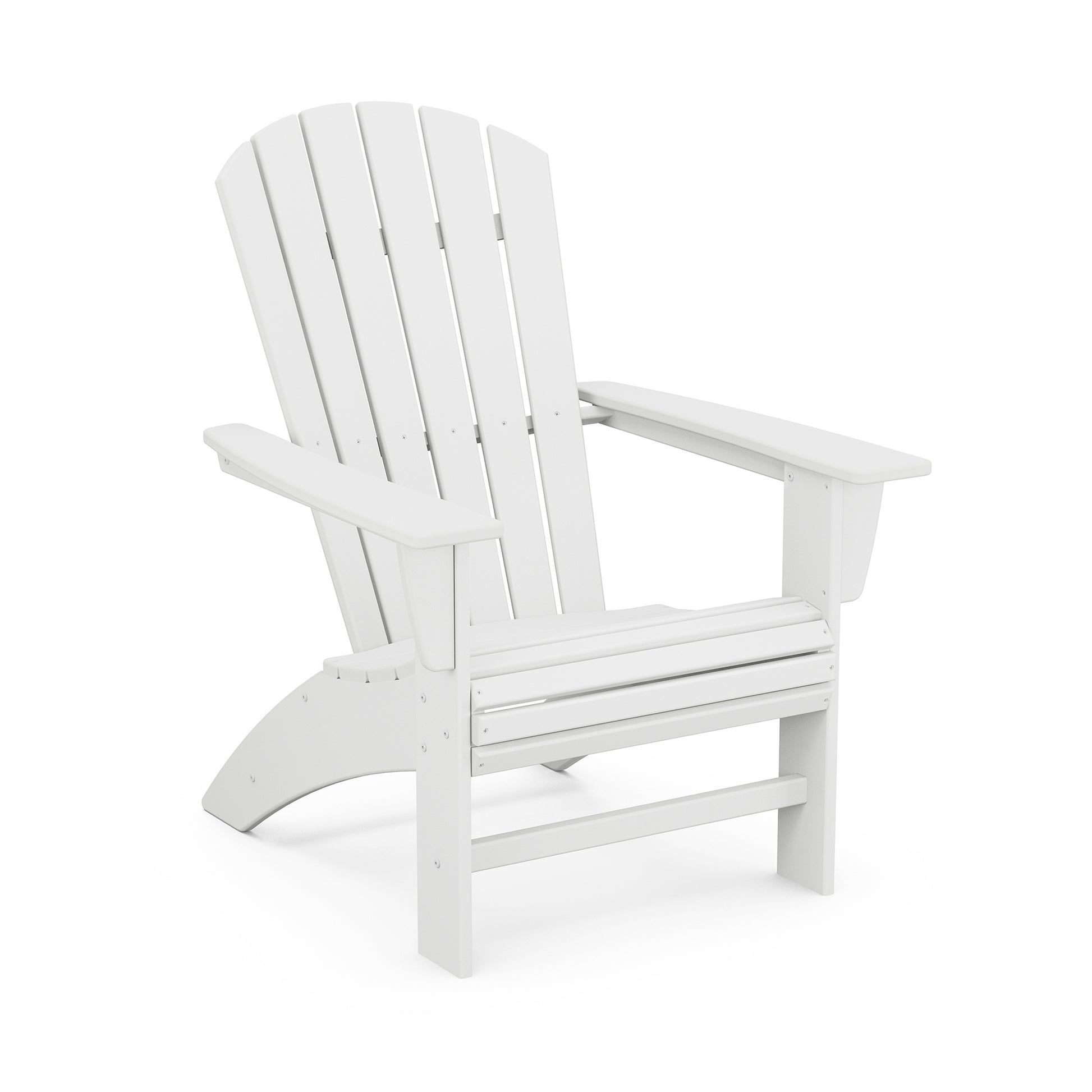 A single white POLYWOOD Nautical Curveback Adirondack chair made of eco-friendly POLYWOOD® lumber, featuring a slatted back and seat design, shown isolated on a white background.