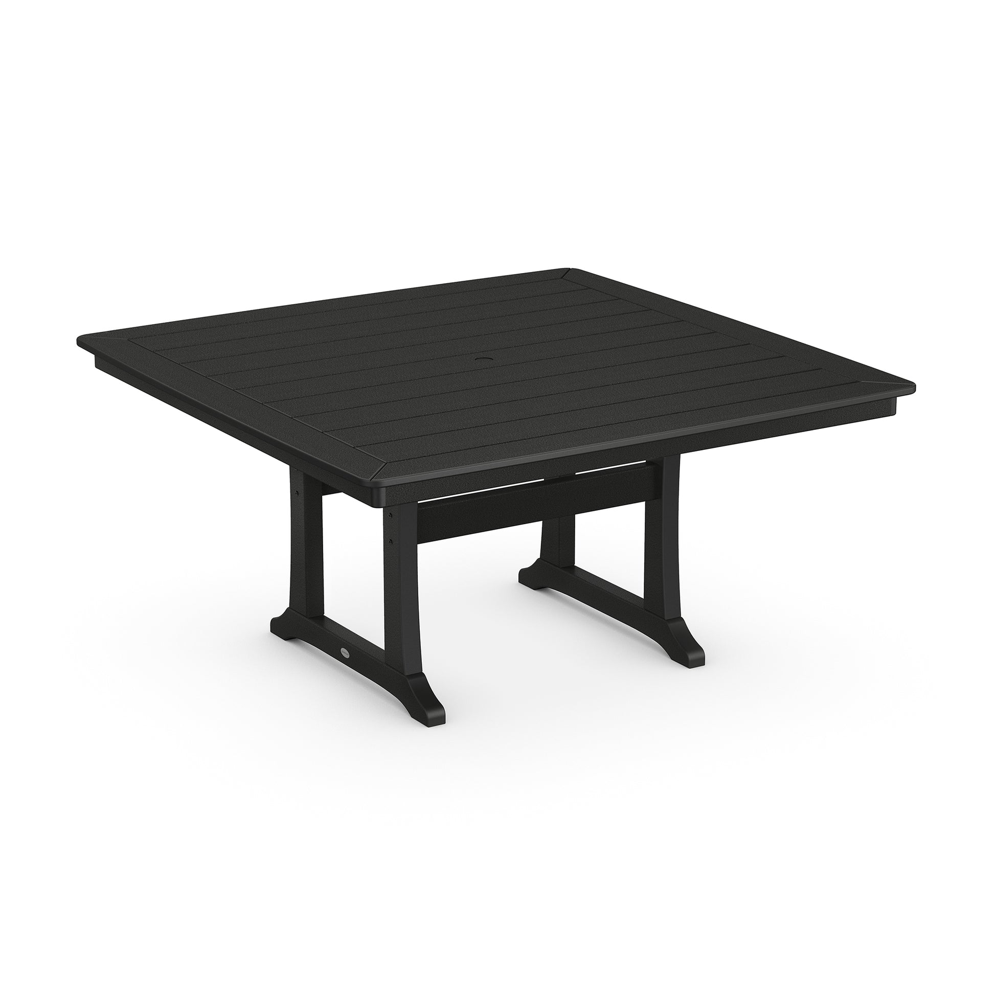 Black square POLYWOOD® Nautical Trestle 59" Dining Table with slatted top and sturdy legs, isolated on a white background.