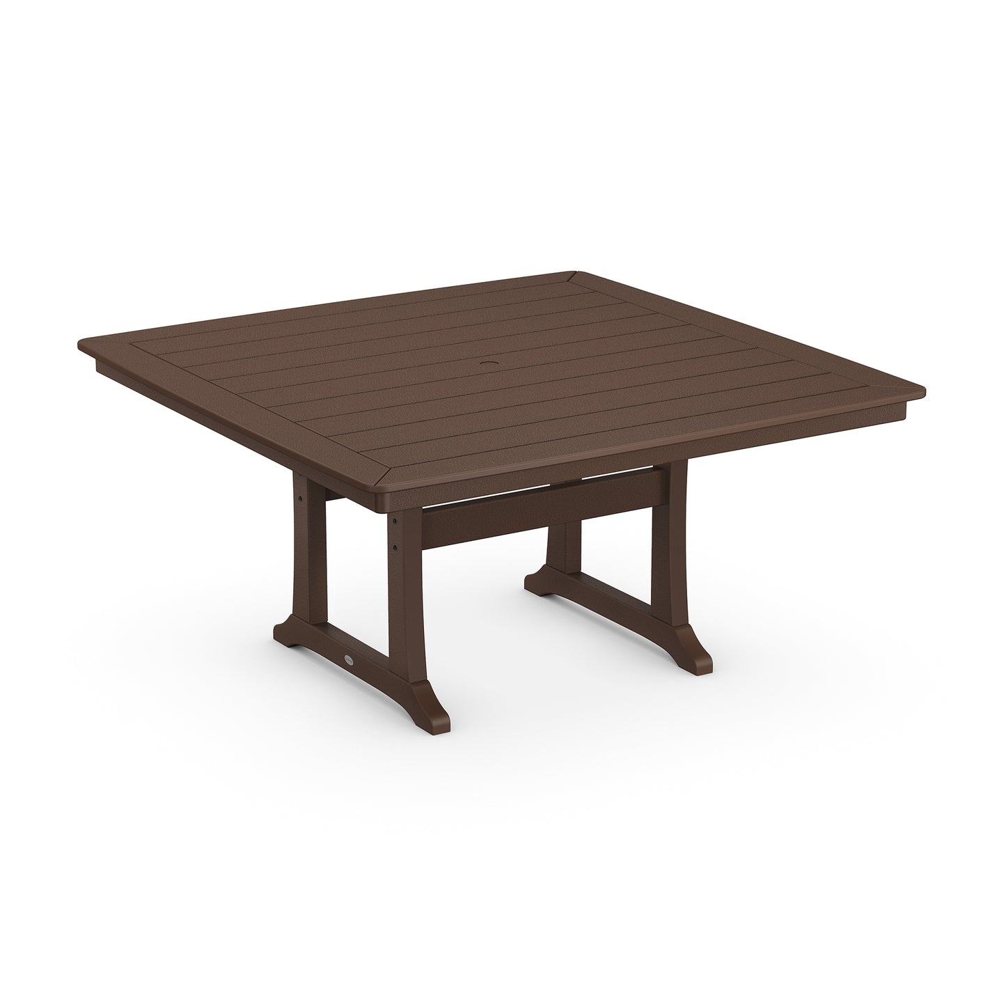 A POLYWOOD Nautical Trestle 59" Dining Table in a dark brown color with plank-style top and sturdy leg design, displayed on a plain white background.