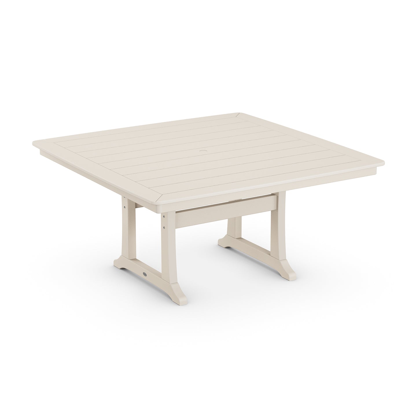 A POLYWOOD Nautical Trestle 59" Dining Table, off-white square with a slatted top and sturdy legs, isolated on a white background.
