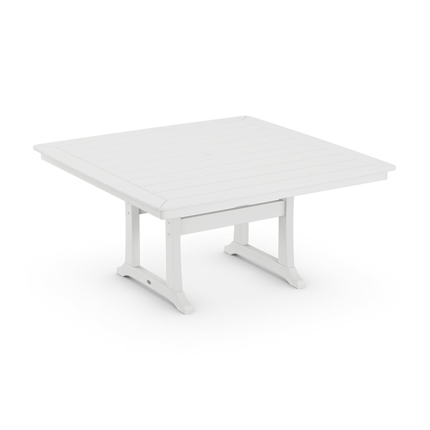 A white square POLYWOOD® Nautical Trestle 59" Dining Table with a slatted top and a sturdy double pedestal base, shown against a plain white background.