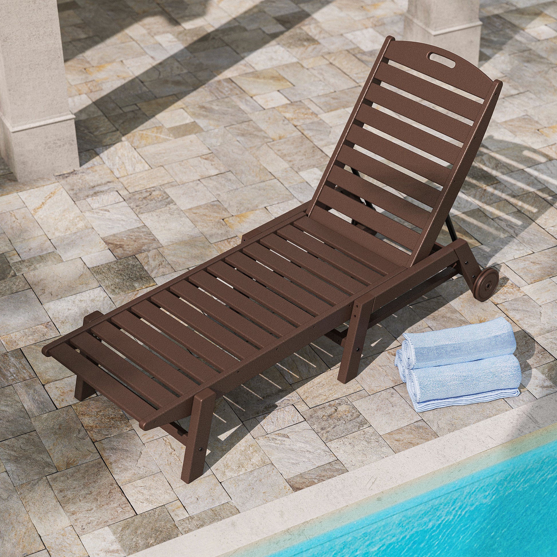 POLYWOOD Nautical Wheeled Chaise—stackable, durable outdoor furniture designed for comfort and convenience.